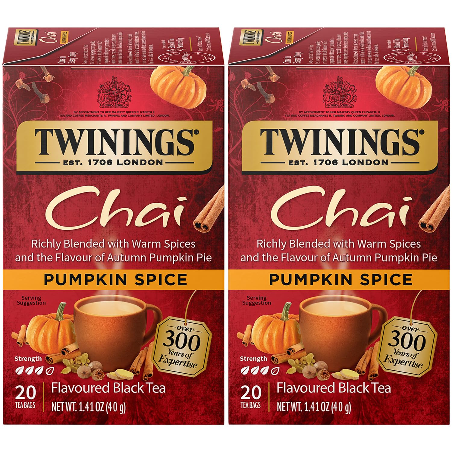 Twinings Pumpkin Spice Chai Tea, Caffeinated Black Tea Naturally Flavored with Aromatic Spices and Ginger, Tea Bags Individually Wrapped, 20 Count Ea