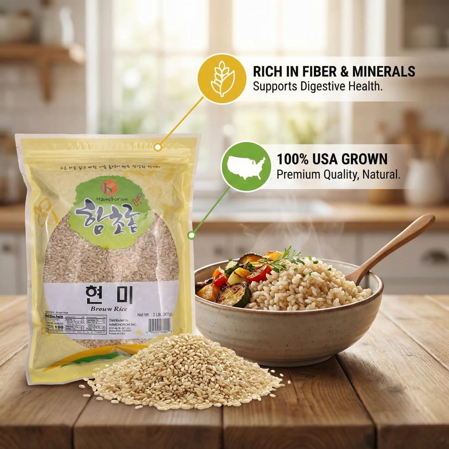 Brown Rice Unpolished Whole Grain Rice with Natural Fiber & Minerals, Resealable Bag 2LB