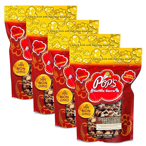 Pop's Kettle Korn- Peanut Butter and Chocolate| 4-Pack Peanut Butter and Chocolate- Gluten-Free, Whole Grain, Hand-Popped, Small