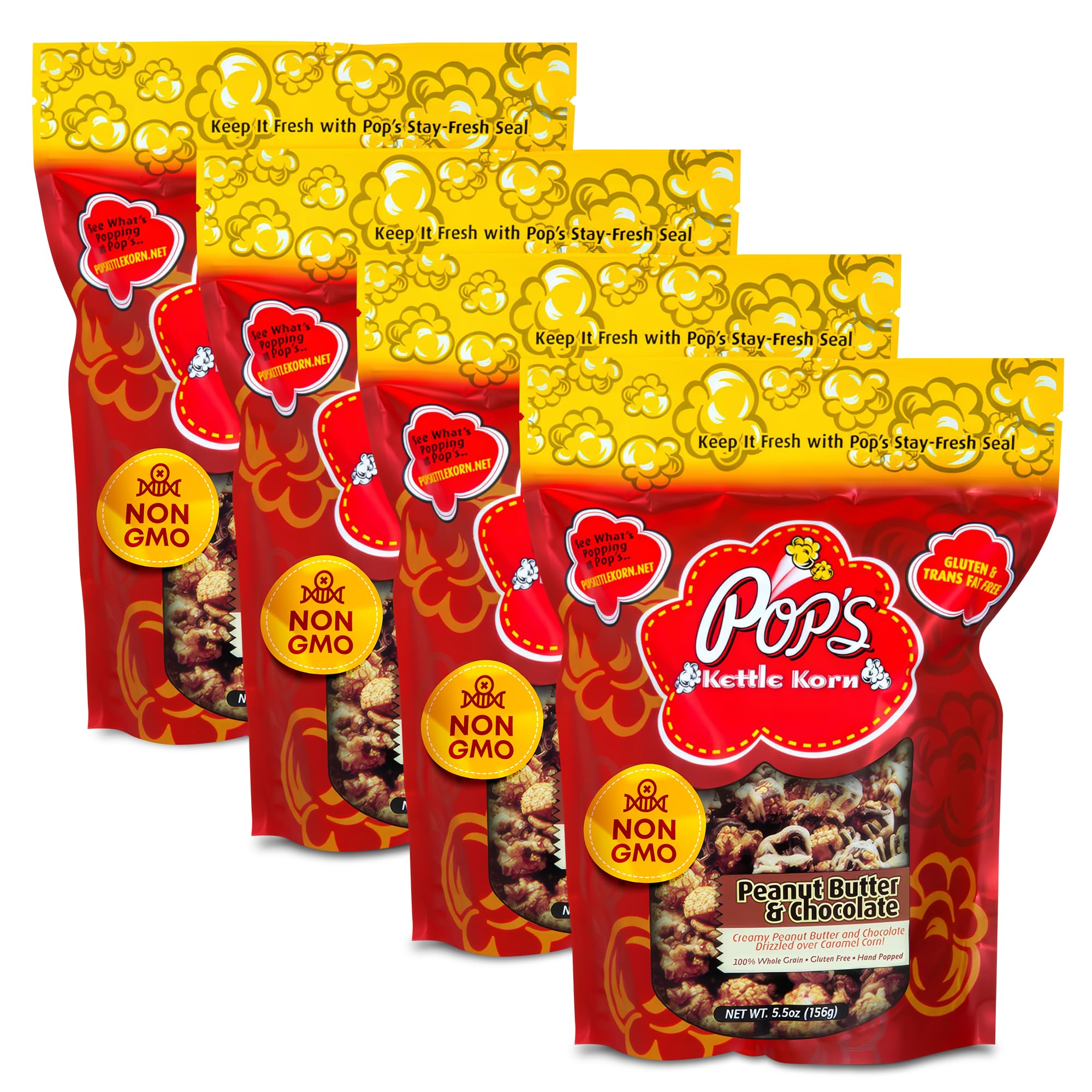Pop's Kettle Korn- Peanut Butter and Chocolate| 4-Pack Peanut Butter and Chocolate- Gluten-Free, Whole Grain, Hand-Popped, Small