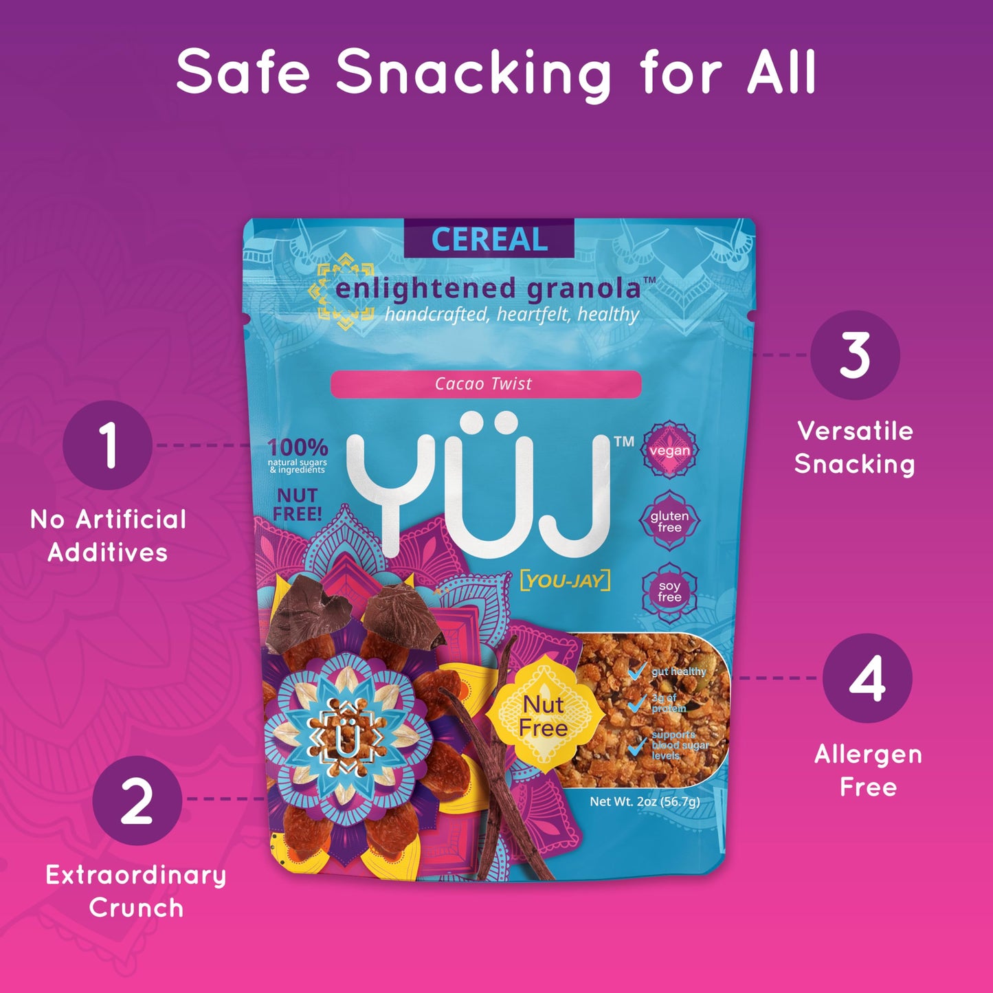 YÜJ Organic Vegan Granola | Allergen-Free Snack Packs | 2oz, Pack of 6