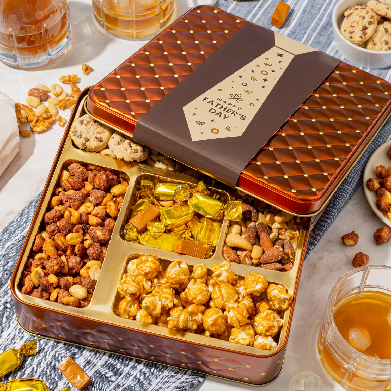 Fathers Day Snack Assortment Gift Basket- Candy and Nuts Gift Tin- Gourmet Treat Variety Present in Keepsake Tray- Best Gift Idea for Men, Dad