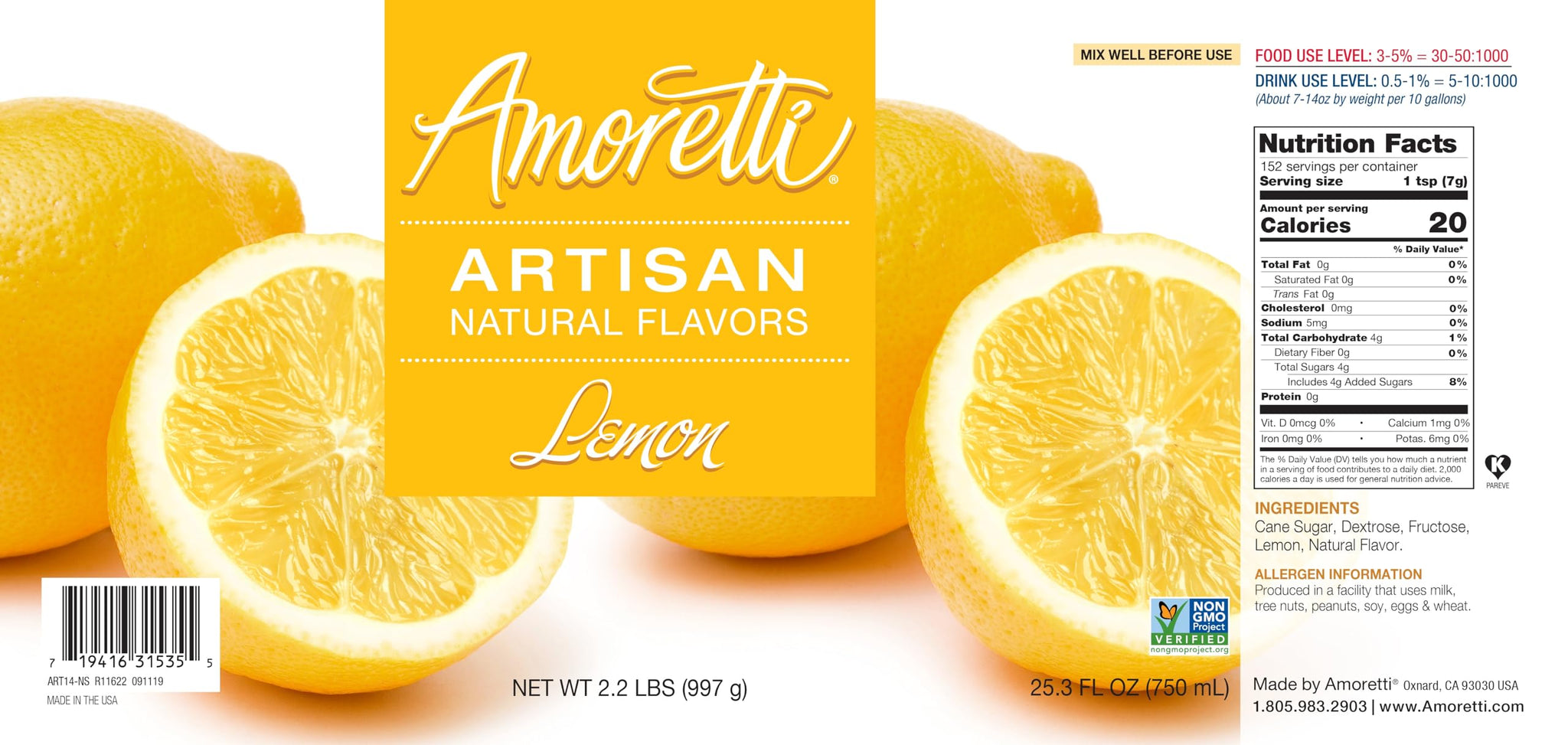 Amoretti - Natural Lemon Artisan Flavor Paste, 8 oz, Perfect For Ice Cream, Beverages, Cakes, and more, Preservative Free, Vegan, Gluten Free, No