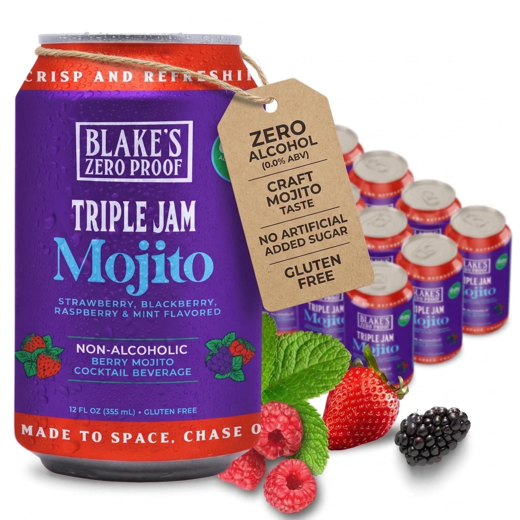 Blake’s Zero Proof Triple Jam Mojito Sparkling Mocktail - Non Alcoholic Carbonated Juice Beverage, Gluten Free, Berry Mint Inspired Flavor, Lightly