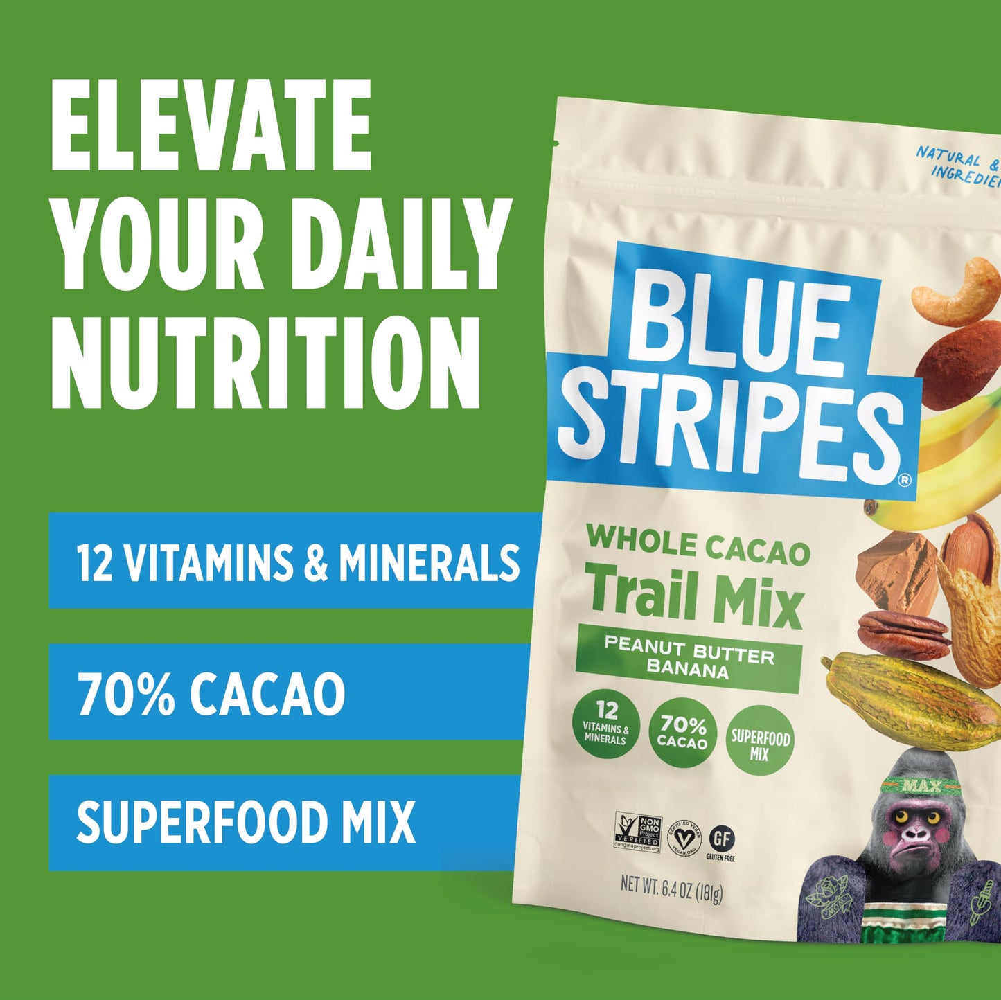 Blue Stripes - Trail Mix, Peanut Butter Banana, Cashews, Peanut Butter Chips, Healthy Snacks for Adults, Whole 70% Cacao, With Unrefined Sugar, Non