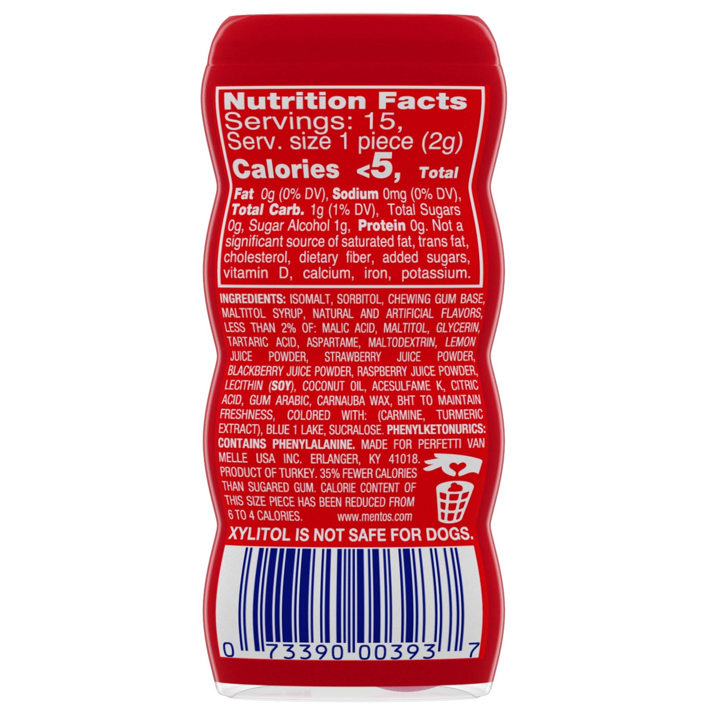 MENTOS SUGAR-FREE CHEWING GUM, TROPICAL RED FRUIT LIME, NON MELTING, 15 PIECE BOTTLE