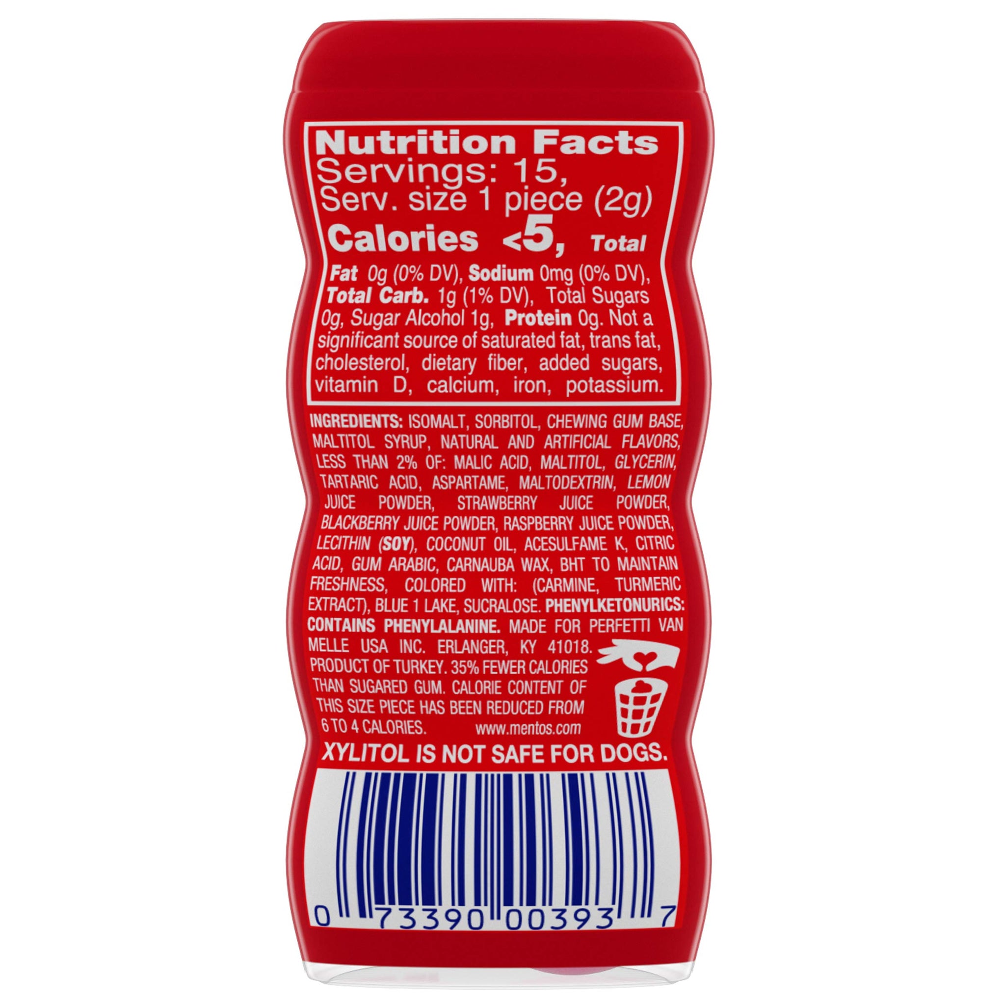 MENTOS SUGAR-FREE CHEWING GUM, TROPICAL RED FRUIT LIME, NON MELTING, 15 PIECE BOTTLE
