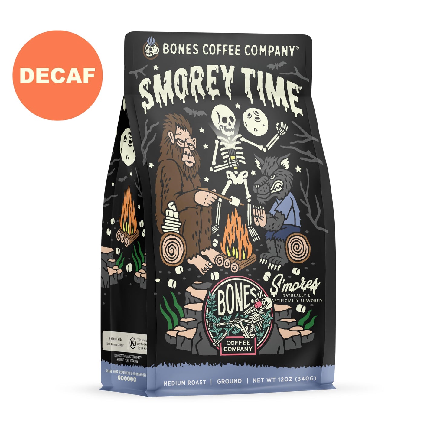 Bones Coffee Company Decaf S'morey Time, S'mores and Graham Crackers Decaffeinated Flavored Coffee, Medium Roast Low Acid Arabica Beans For Auto drip