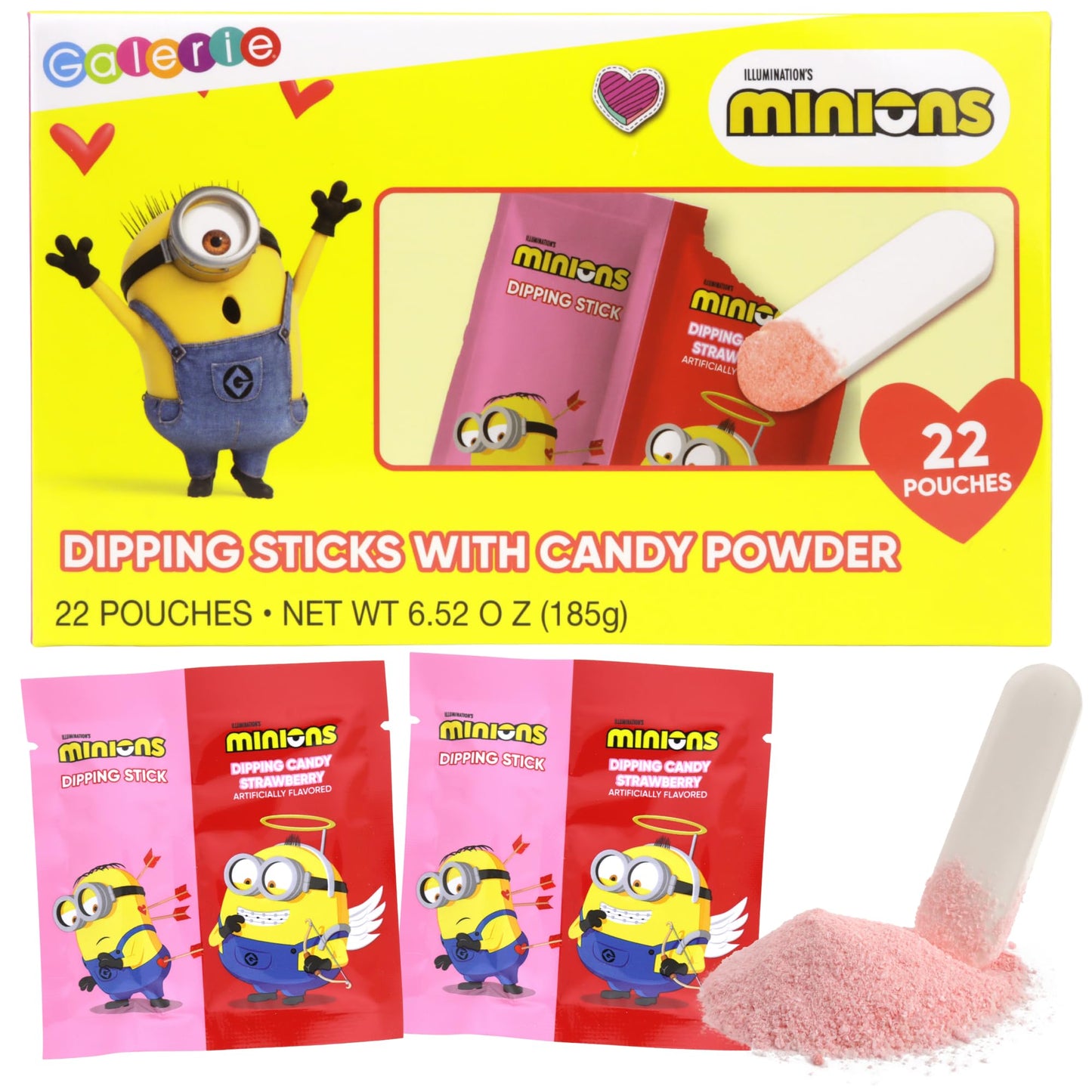 Minions Valentine's Day Friendship Candy Exchange Kit, Strawberry Flavored Dipping Powder, Party Favor Treats, 22 Packs Inside