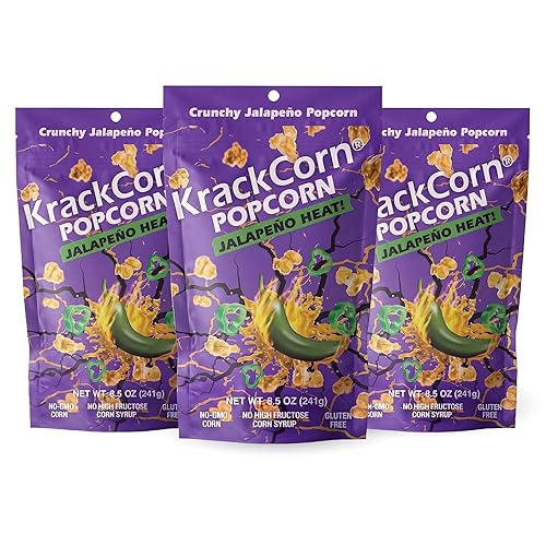 KrackCorn Popcorn, Jalapeno Flavored, Gourmet Snack, Gluten-Free, Non-GMO, No High Fructose, Non Guilty, Savoury and Spicy Kick, 8.5 oz, Pack of 3