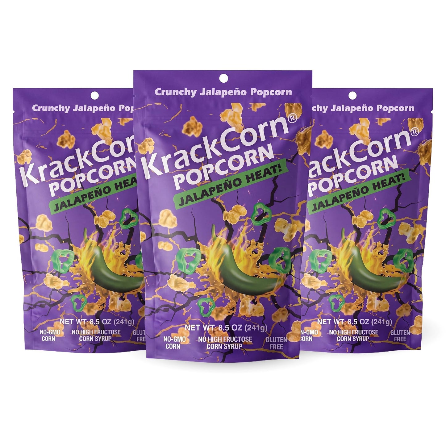 KrackCorn Popcorn, Jalapeno Flavored, Gourmet Snack, Gluten-Free, Non-GMO, No High Fructose, Non Guilty, Savoury and Spicy Kick, 8.5 oz, Pack of 3