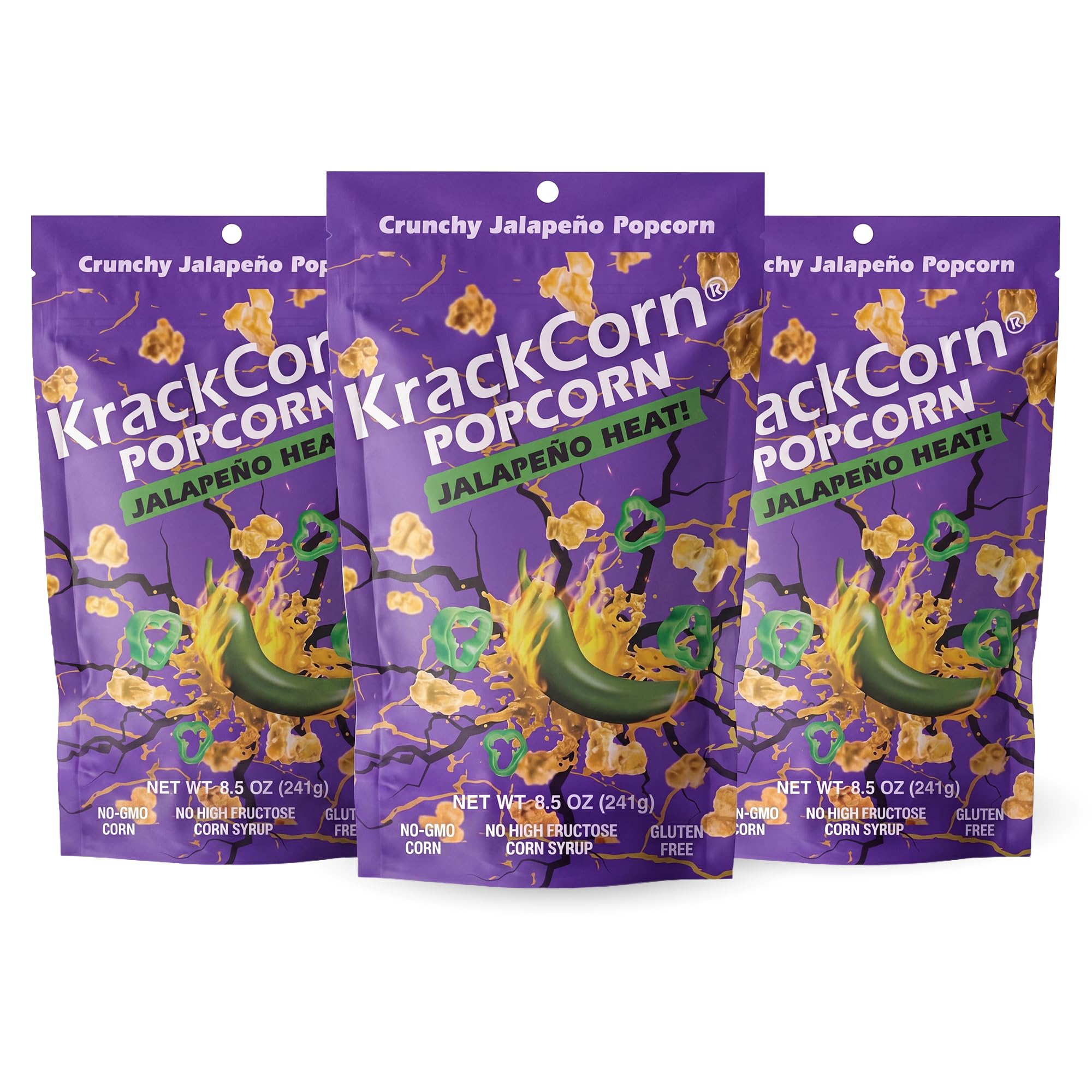 KrackCorn Popcorn, Jalapeno Flavored, Gourmet Snack, Gluten-Free, Non-GMO, No High Fructose, Non Guilty, Savoury and Spicy Kick, 8.5 oz, Pack of 3