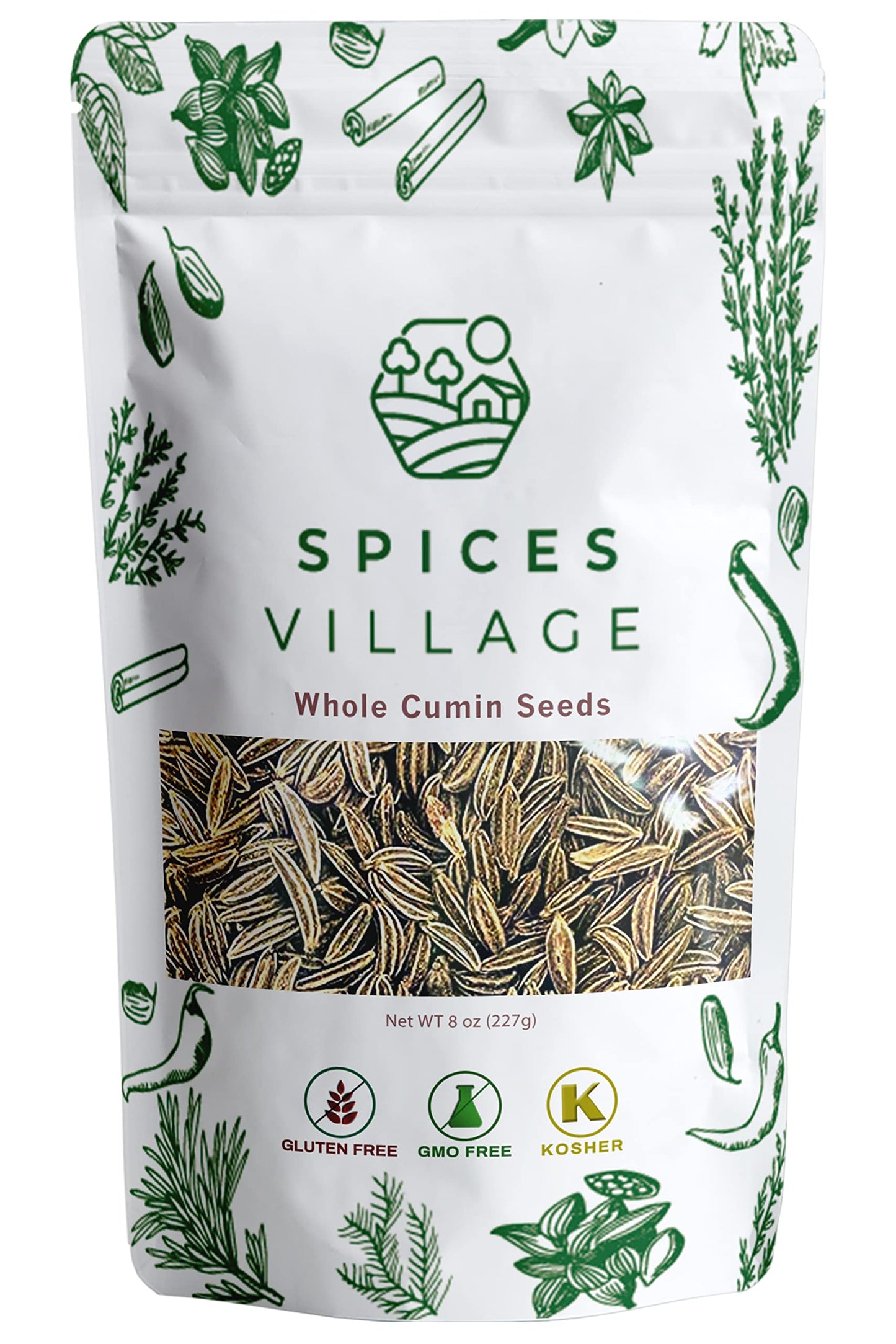 SPICES VILLAGE Cumin Seeds, Whole Cumin Seeds, 8 oz, Kosher Certified, Gluten Free, Non GMO, Resealable Bulk Bag