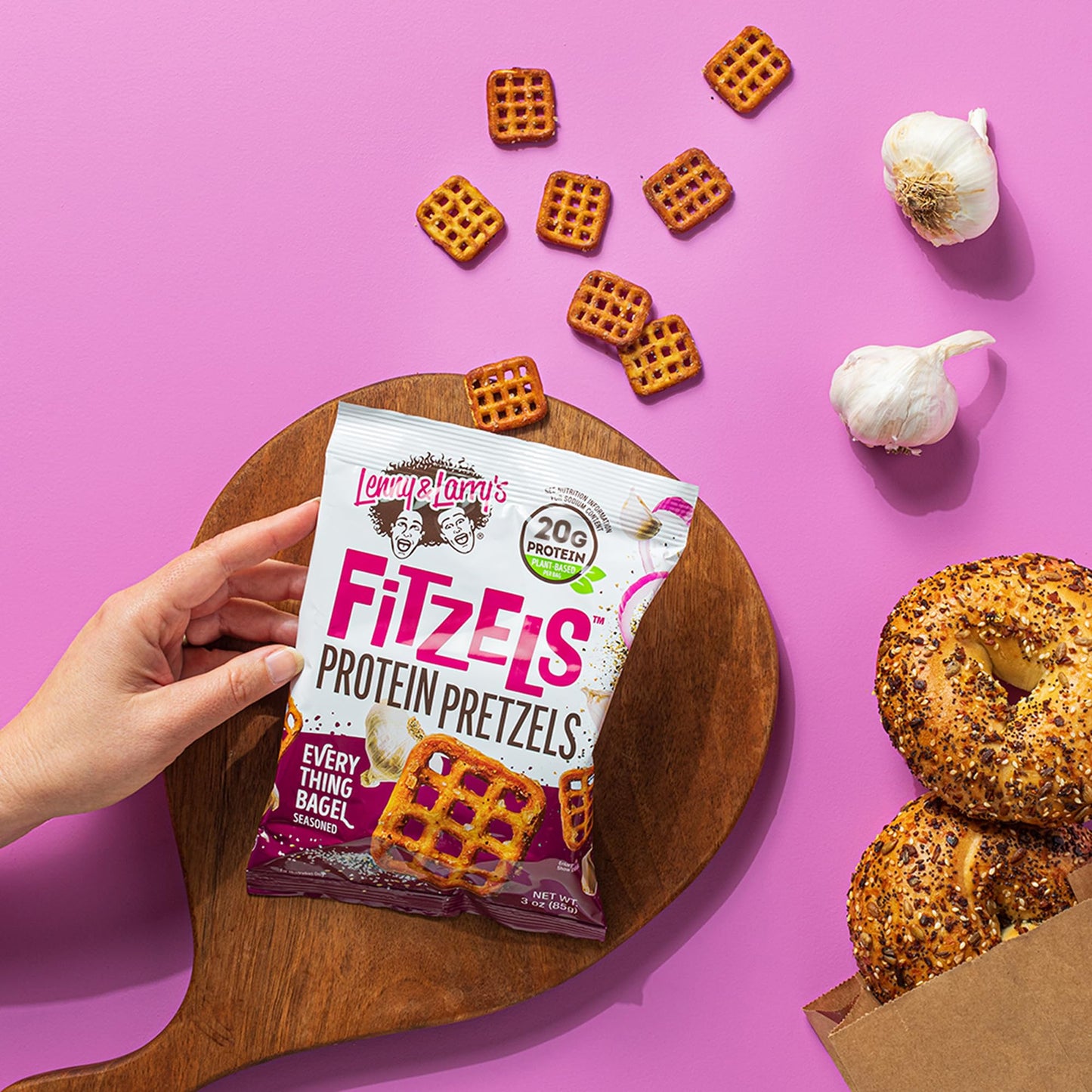 Lenny & Larry's FITZELS Protein Pretzels (Everything Bagel) 8 Individual Bags 3 oz Each - High Protein Snacks with 20g of Plant Based Protein