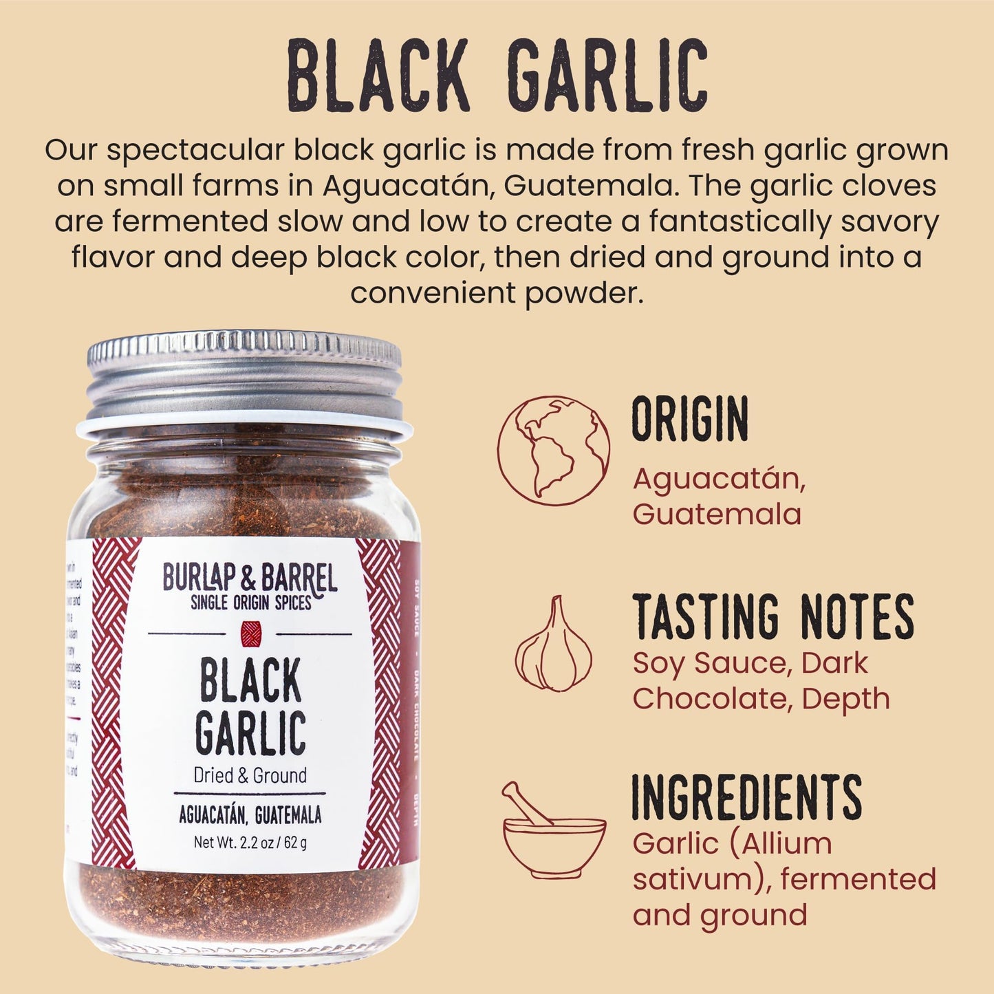 Burlap & Barrel Black Garlic Powder - Rich, Savory Flavor - Perfect for Roasted Proteins & Vegetables - Black Garlic Seasoning - As Seen On Shark Tank