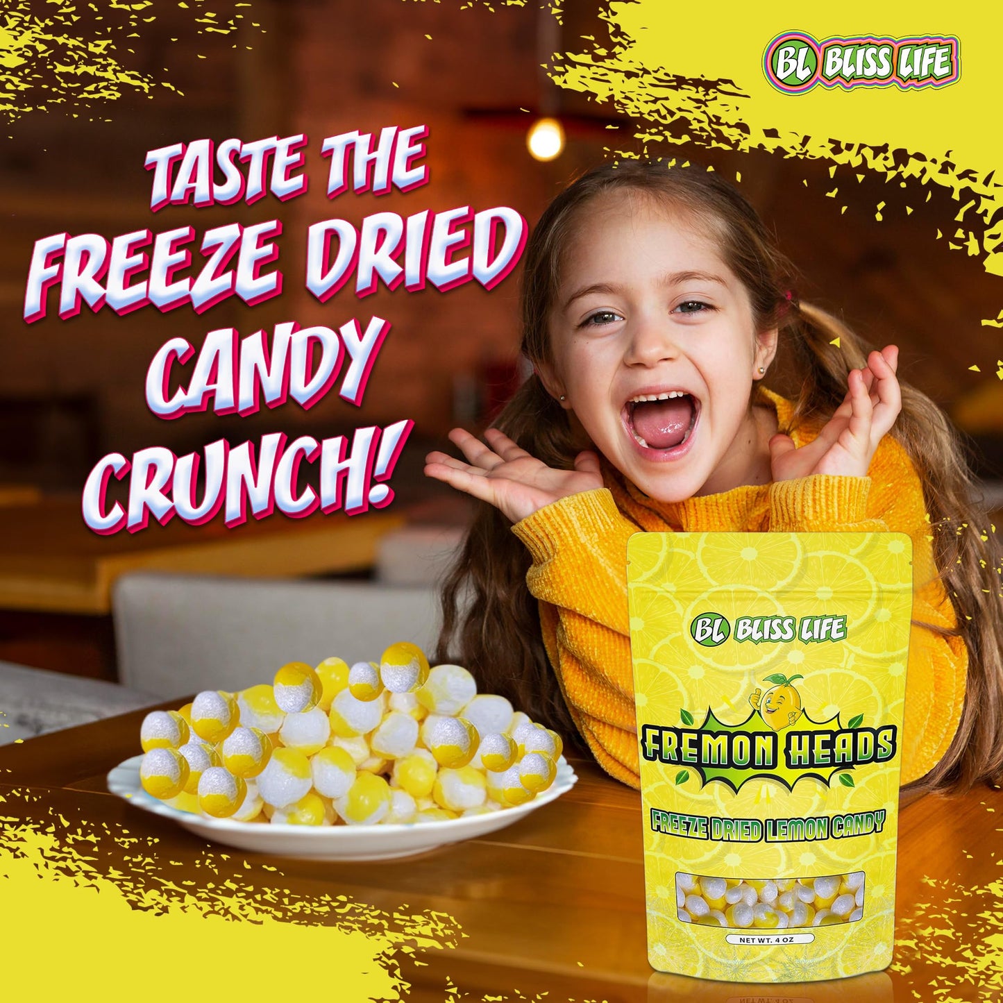 Fremon Heads Freeze Dried Lemon Fruit Candy from TikTok, ASMR Crunchy Candy, Sweet and Sour Kids Snacks, Unique Novelty Snack for Kids 4OZ