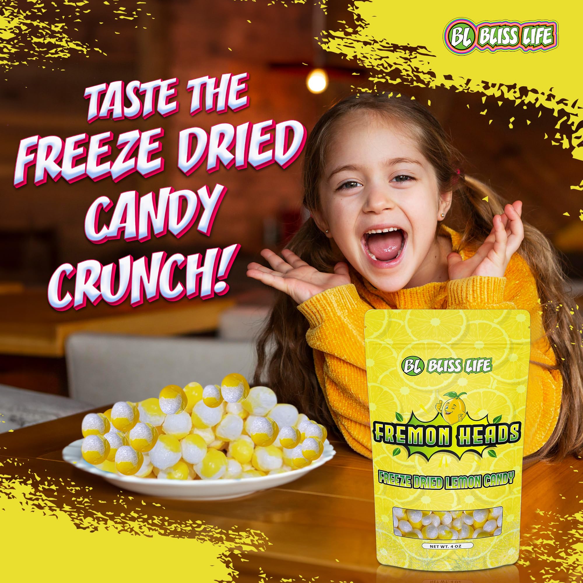 Fremon Heads Freeze Dried Lemon Fruit Candy from TikTok, ASMR Crunchy Candy, Sweet and Sour Kids Snacks, Unique Novelty Snack for Kids 4OZ