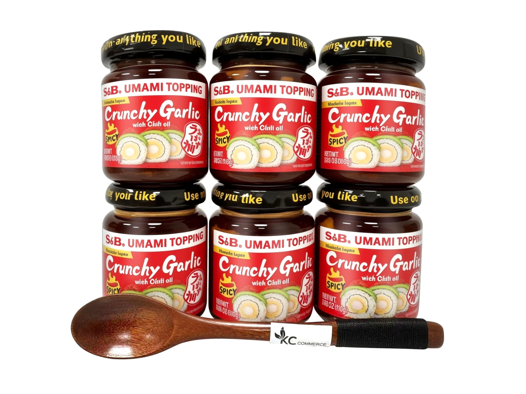 S&B Chili Oil With Crunchhy Garlic 3.9oz Pack of 6 Bundle with FREE KC Commerce Wodden Spoon (3.9oz Pack of 6 Spicy)