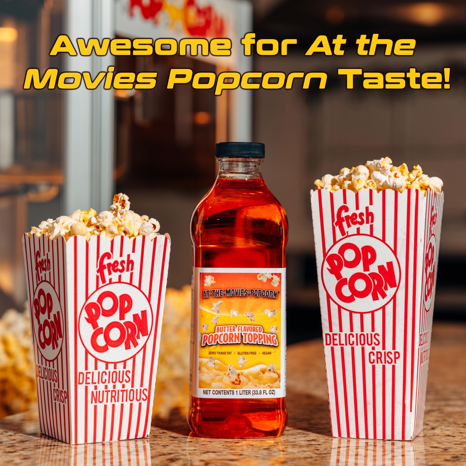 At-The-Movies-Popcorn® Buttery Flavor Popcorn Topping (1 Liter) - Movie Theater Butter Popcorn Oil, Vegan, Gluten Free, Non GMO, Zero Trans Fat, Rich