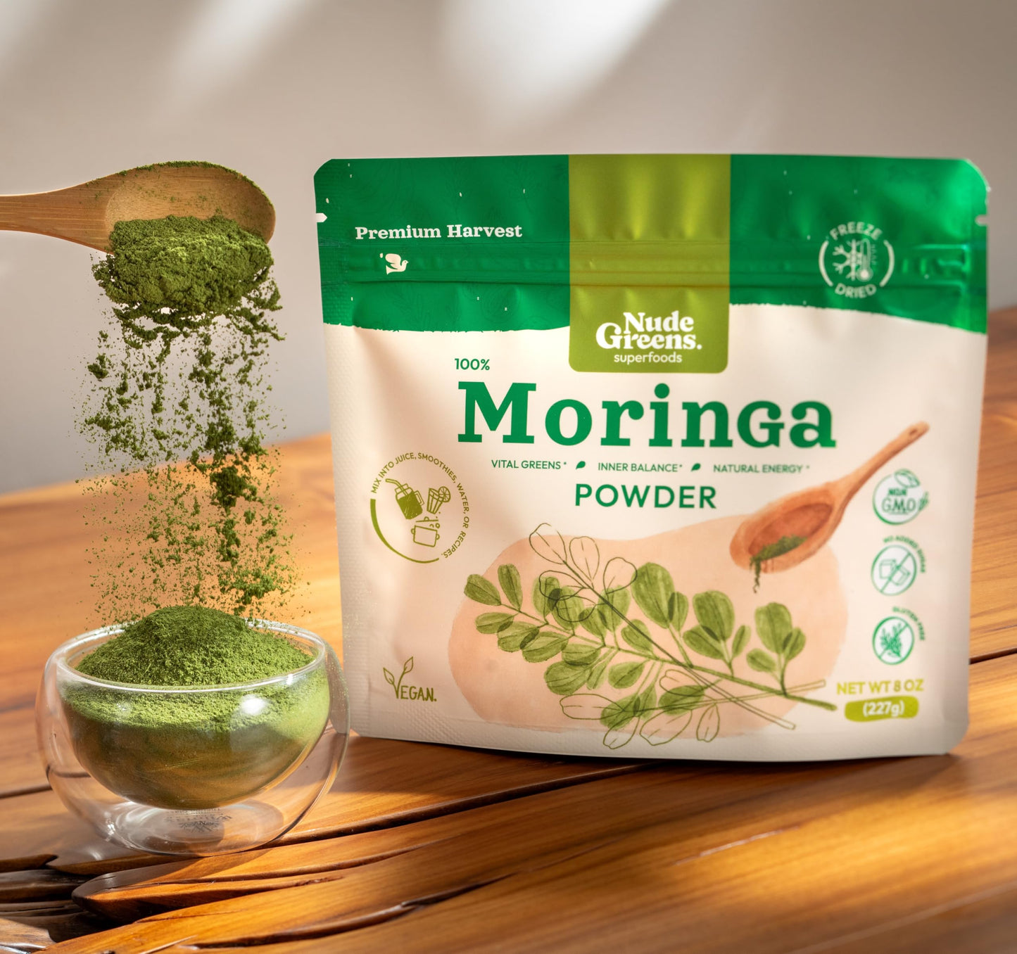 NUDEGREENS Freeze-Dried Moringa Leaf Powder | Rich in Antioxidants, Immune Vitamins, Minerals & Plant Protein | Perfect for Moringa Tea, Moringa Drink