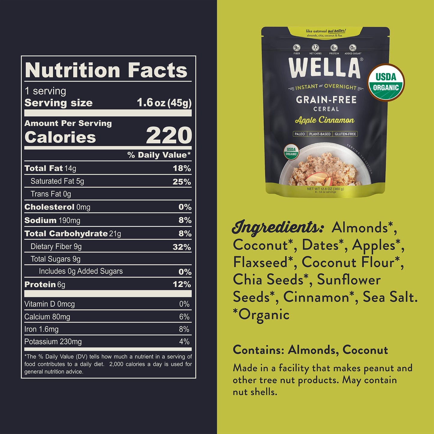 Wella Cereal Oatmeal Alternative, Gluten-Free Breakfast Hot Cereal, Grain-Free Paleo Organic Vegan High Protein Superfood, Plant-Based Non-GMO, Low in