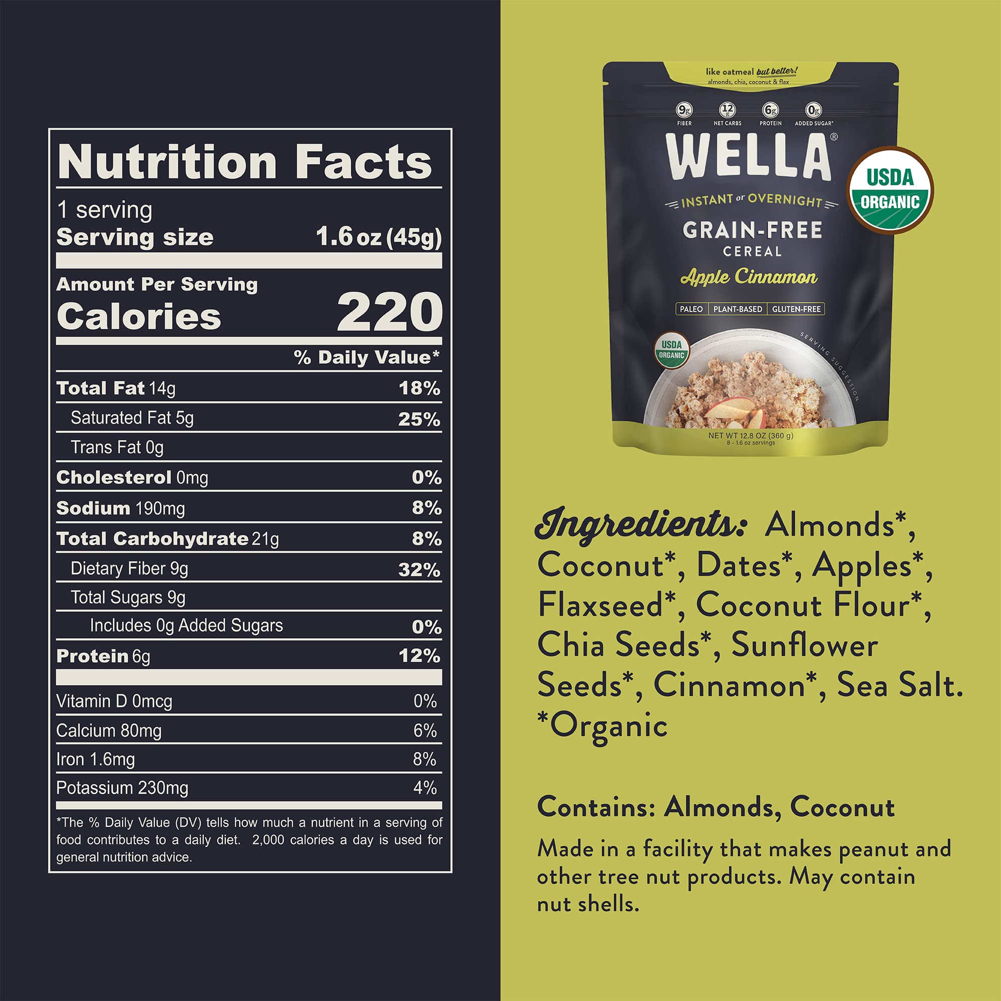Wella Cereal Oatmeal Alternative, Gluten-Free Breakfast Hot Cereal, Grain-Free Paleo Organic Vegan High Protein Superfood, Plant-Based Non-GMO, Low in