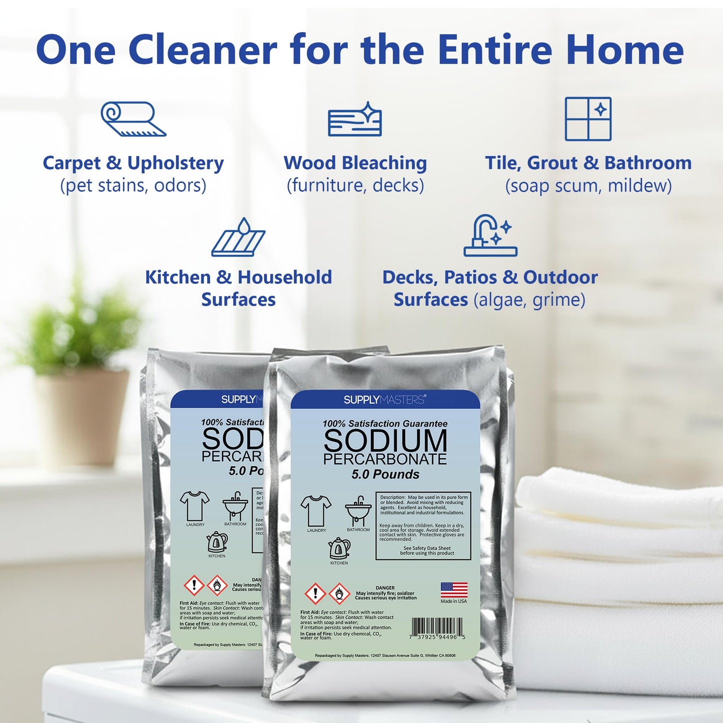 Supply Masters Sodium Percarbonate Powder 2 Pack (10 lbs Total) - Oxygen Bleach Alternative & Stain Remover - Multi-Purpose Cleaner for Laundry