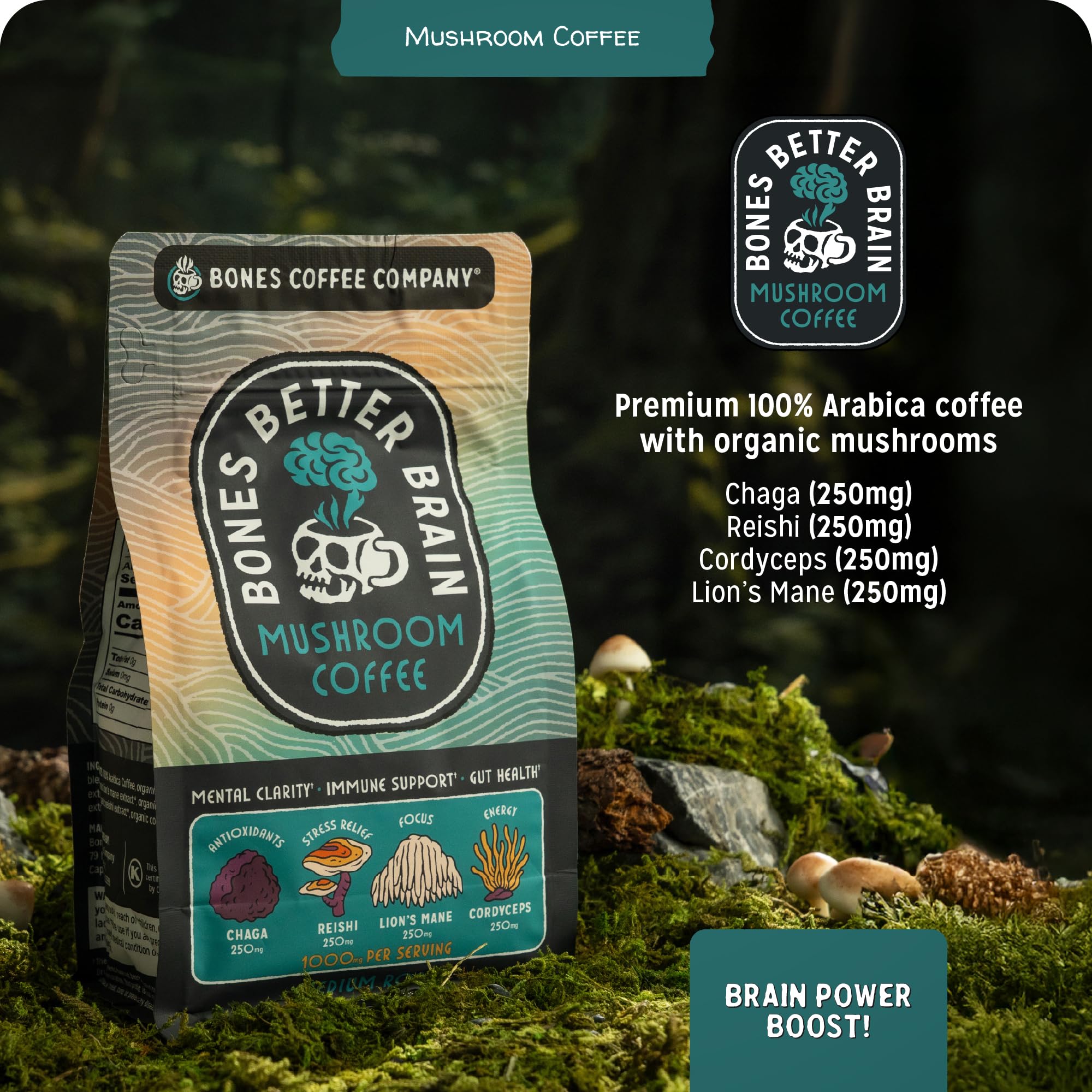 Bones Coffee Company Better Brain Mushroom Coffee - Medium Roast Low Acid Arabica Beans - Ground Coffee - Reishi, Chaga, Lion's Mane, Cordyceps