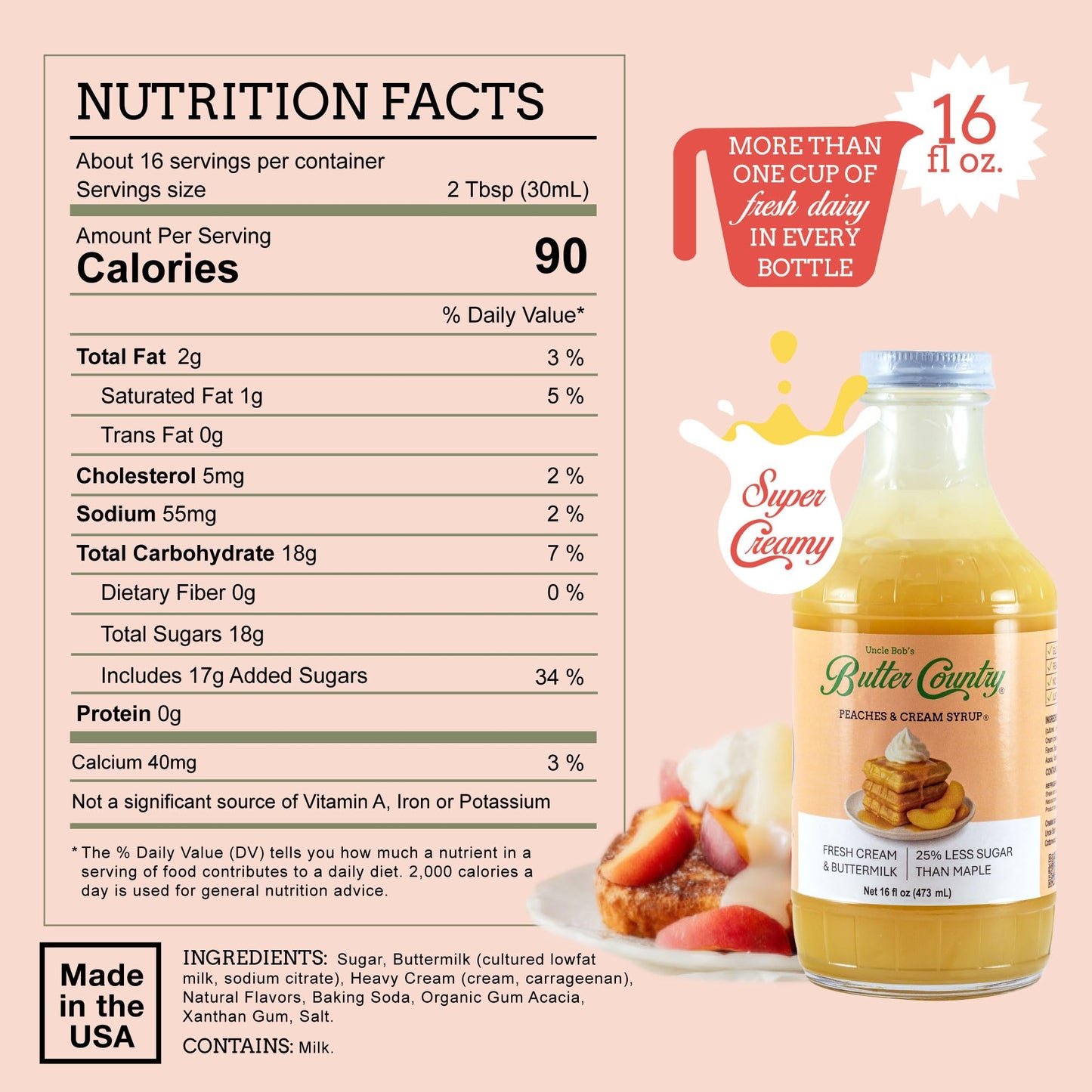 Butter Country Rich & Creamy Peach Syrup for Pancakes and Waffles, All Natural Fruity Topping Use on Drinks, Desserts, French Toast - 16 fl oz Bottle