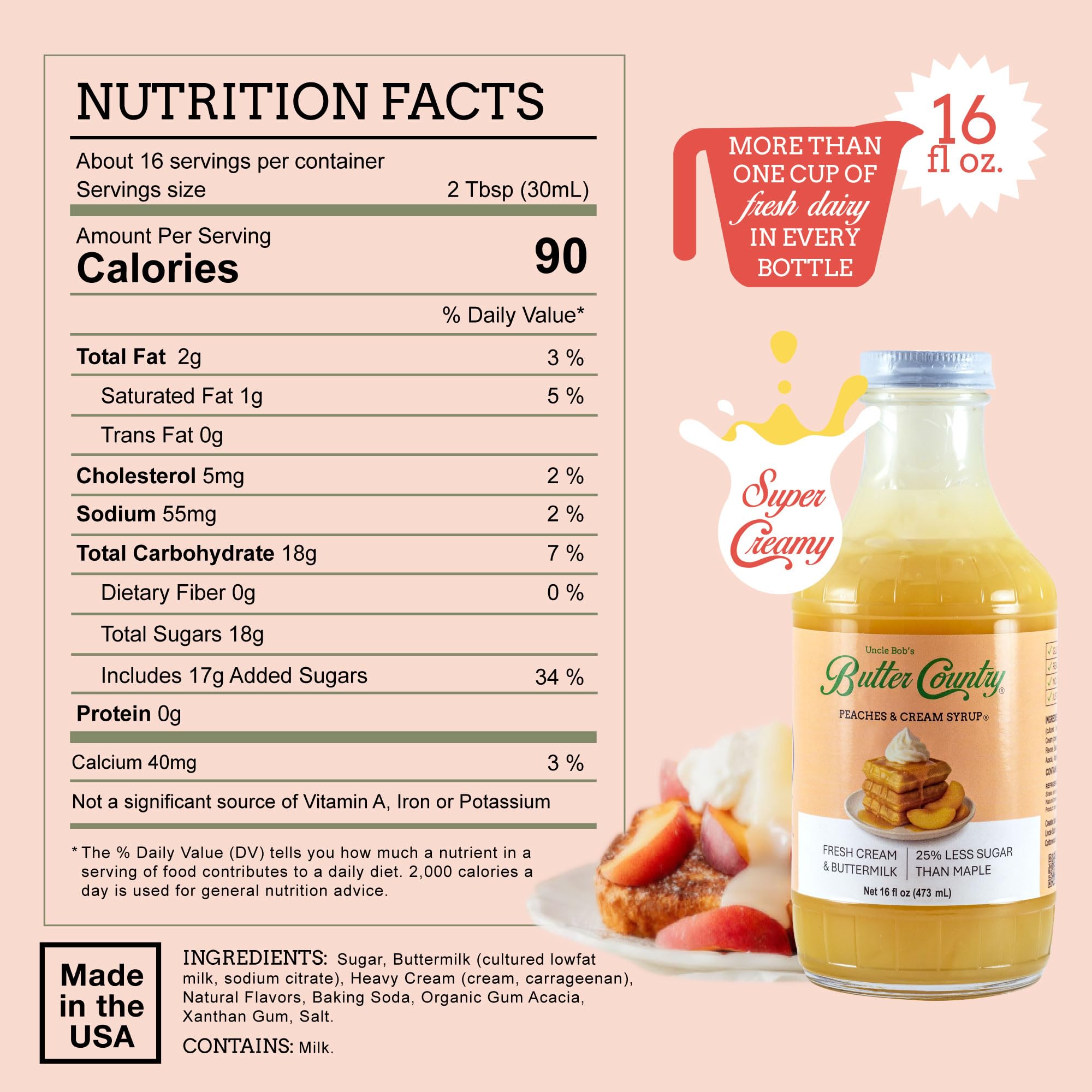 Butter Country Rich & Creamy Peach Syrup for Pancakes and Waffles, All Natural Fruity Topping Use on Drinks, Desserts, French Toast - 16 fl oz Bottle
