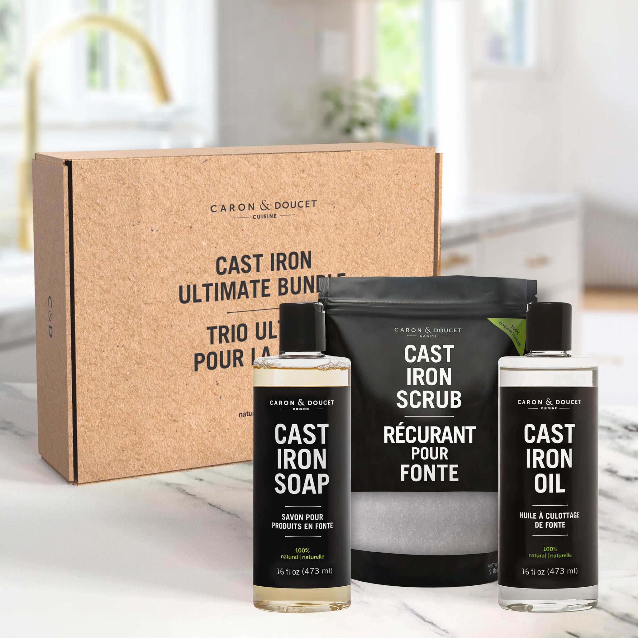 CARON & DOUCET - Ultimate Cast Iron Set PLUS: Seasoning Oil, Cleaning Soap & Restoring Scrub | 100% Plant-Based & Best for Cleaning Care, Washing