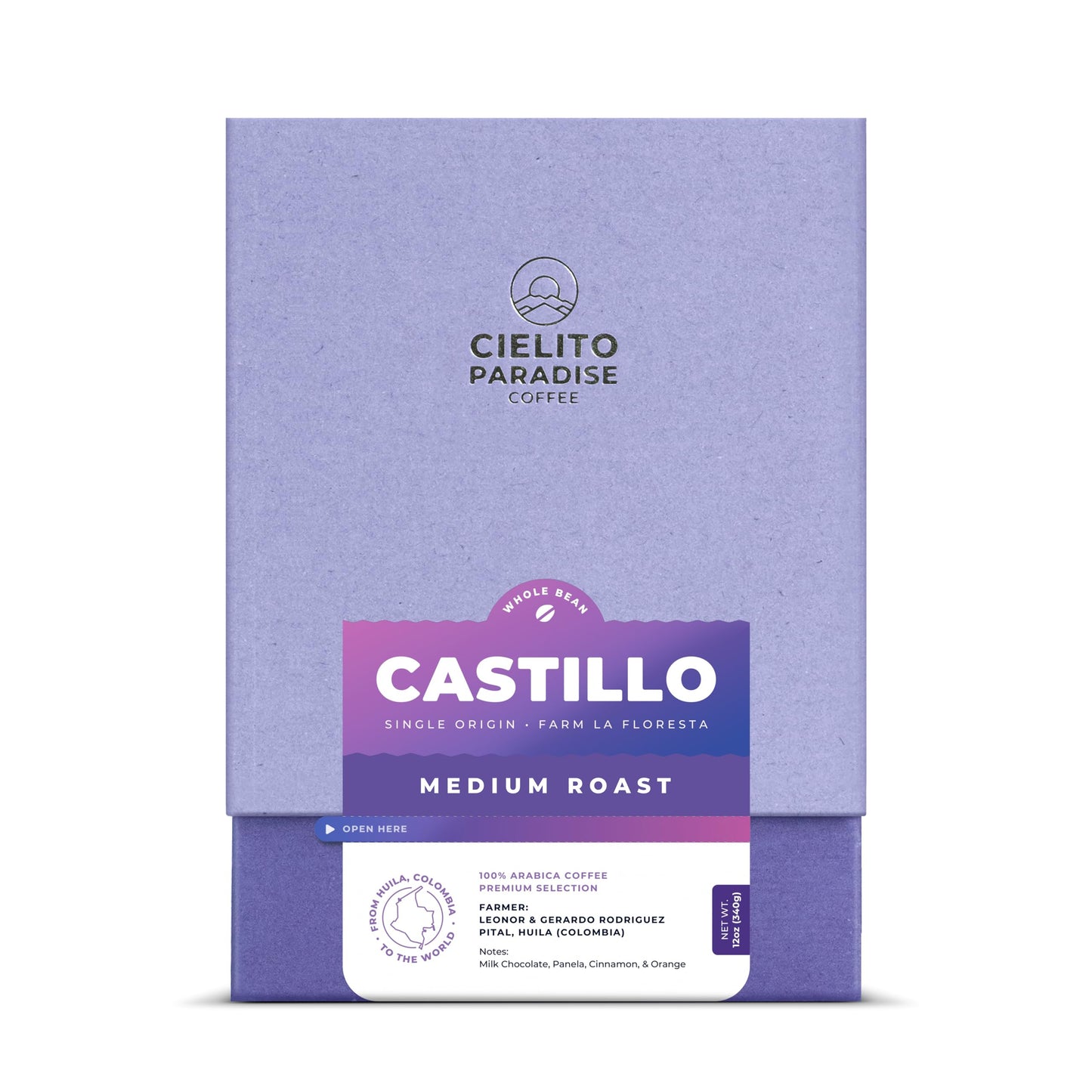 Cielito Paradise Castillo Coffee - Medium Roast Whole Bean from Huila Colombia, Silky with Milk Chocolate, Panela, Cinnamon & Orange, 12oz