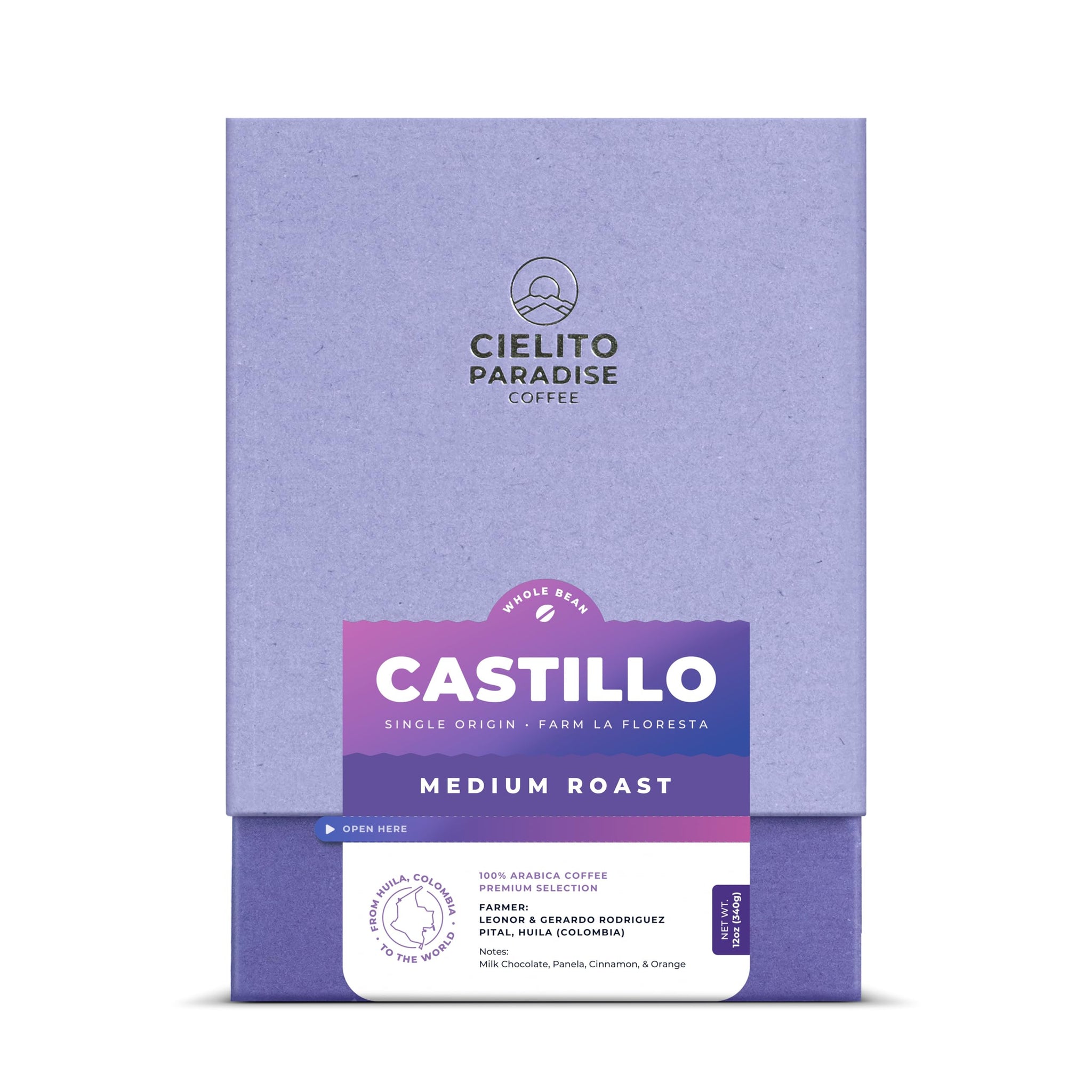 Cielito Paradise Castillo Coffee - Medium Roast Whole Bean from Huila Colombia, Silky with Milk Chocolate, Panela, Cinnamon & Orange, 12oz