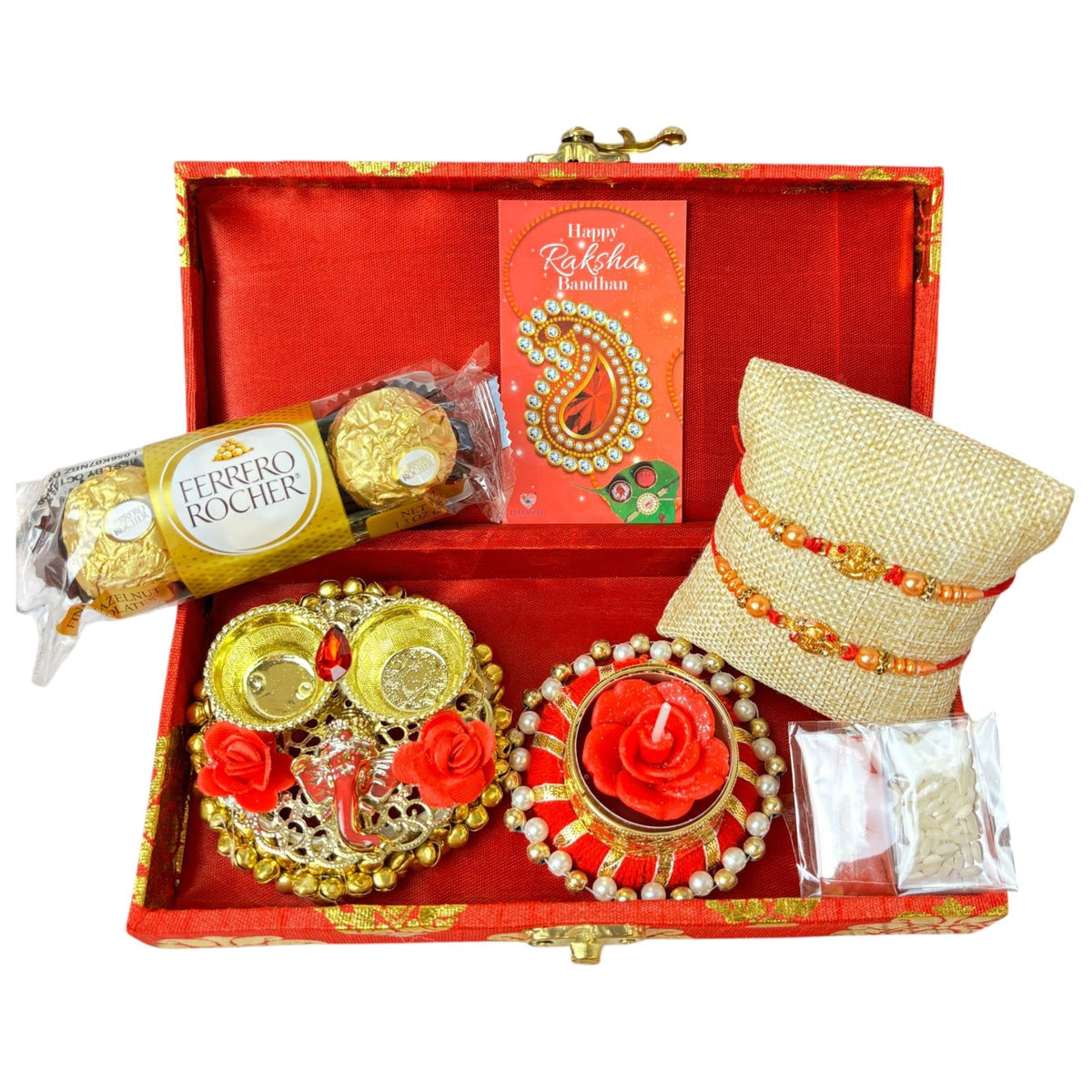 LoveNspire Brocade Raksha Bandhan Gift Hamper for Brother & Bhabhi - Includes 2 Designer Rakhis, Chocolate Pack, Candle Holder, Haldi Kumkum Holder