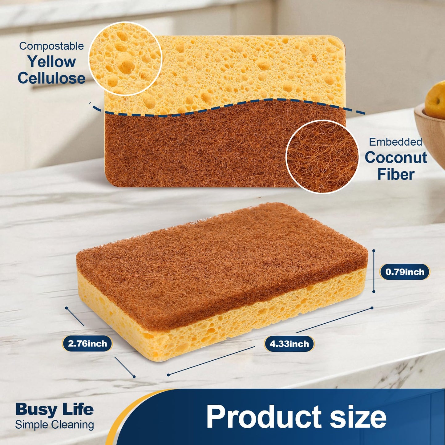 Yocada Cellulose Sponge 12 Pack Biodegradable Natural Kitchen Sponge Dual-Action Cleaning Sponge Compostable Cellulose and Coconut Walnut Non-Scratch
