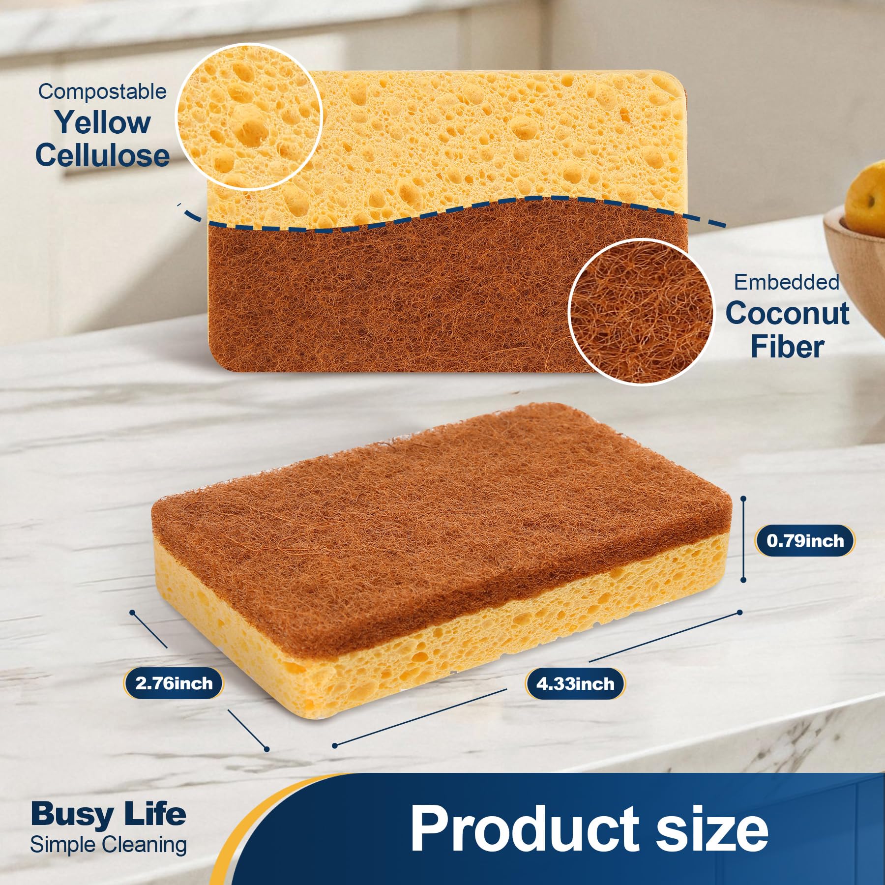 Yocada Cellulose Sponge 12 Pack Biodegradable Natural Kitchen Sponge Dual-Action Cleaning Sponge Compostable Cellulose and Coconut Walnut Non-Scratch