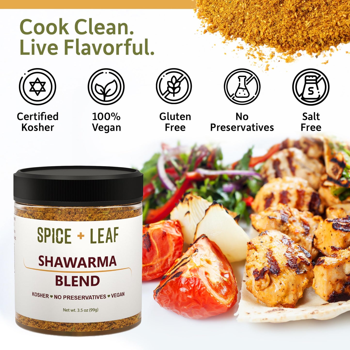 Premium Shawarma Spice Seasoning by Spice + Leaf, 3.5 Oz - Kosher, Vegan Preservative Free Spice Blend for Middle Eastern Flavor. Vegetarian, Dairy