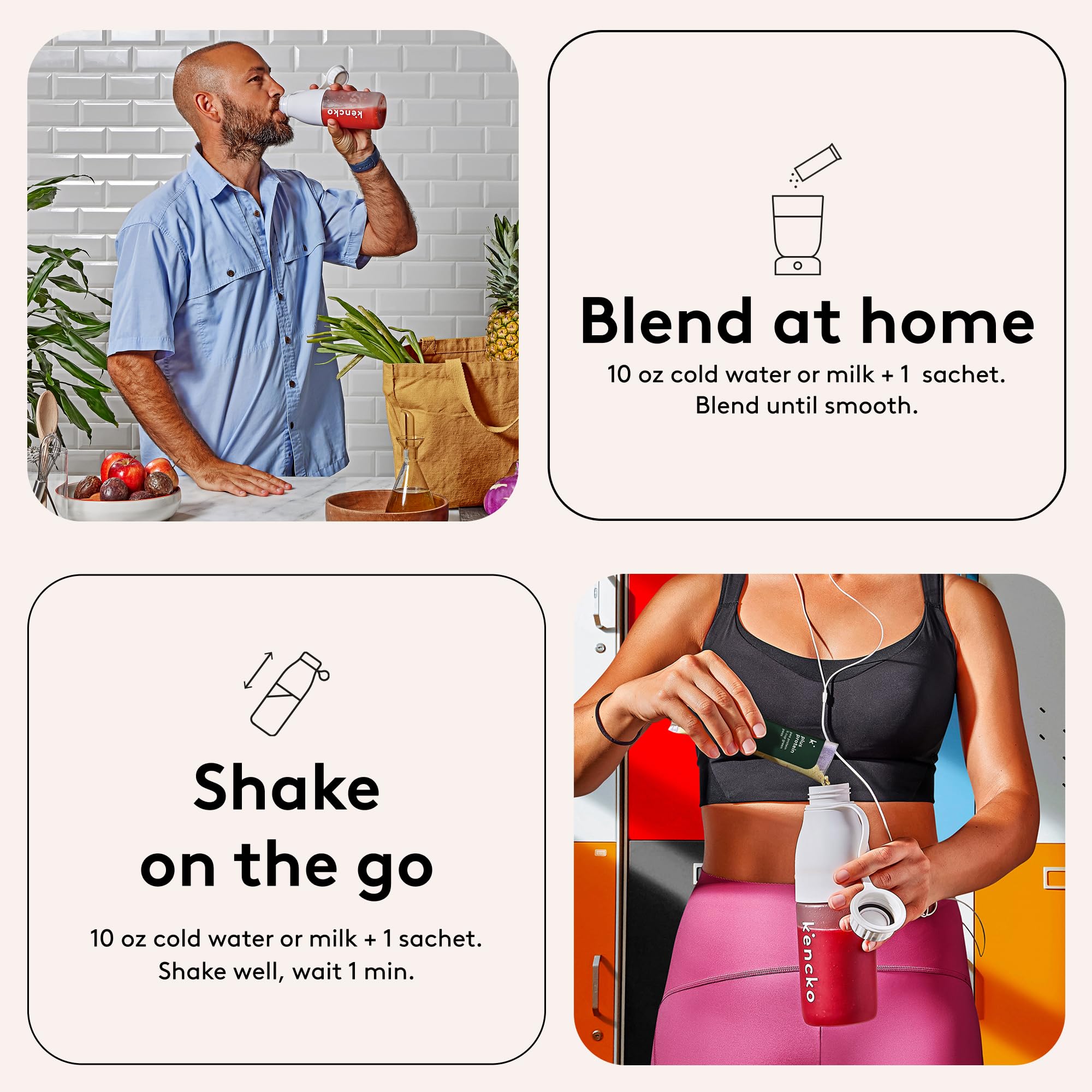 kencko Instant Smoothie Powder Mix Starter Kit, 8 Pack with Reusable Bottle - Reds & Purples - Freeze-Dried Fruit & Veggie Superfood Powdered Drink