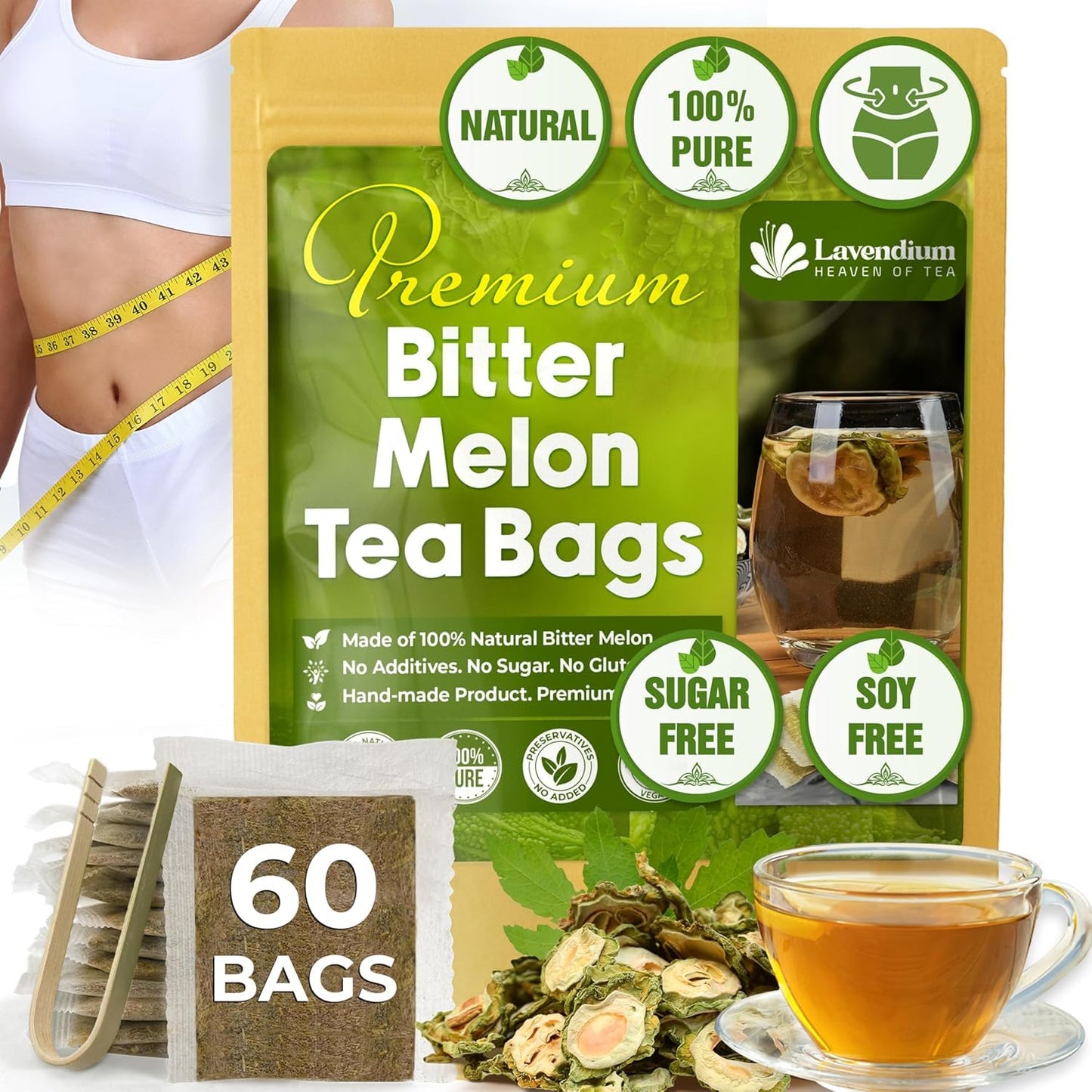 Lavendium, Premium 60 Bitter Melon Tea Bags, 100% Natural & Pure Bitter Melon Fruit, No Additives or Preservatives, Non-GMO, Caffeine-Free
