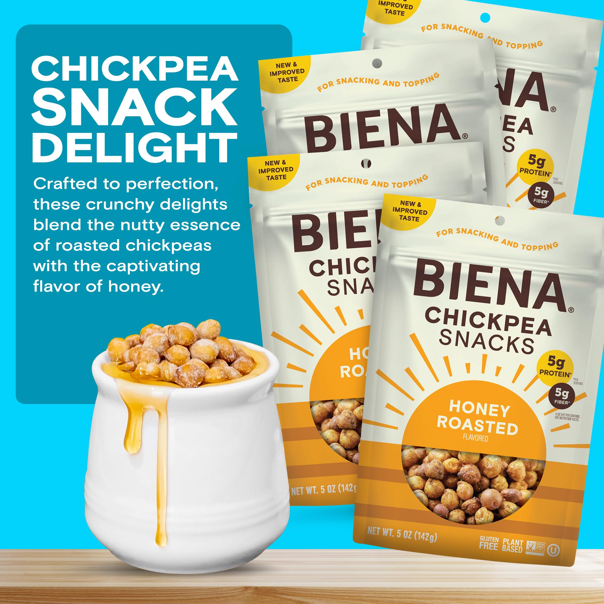 BIENA Chickpea Snacks - Crunchy Roasted Chickpeas - High Fiber Protein Snacks for Adults and Kids - 4-Pack, 5 Ounce Bags - Honey Roasted