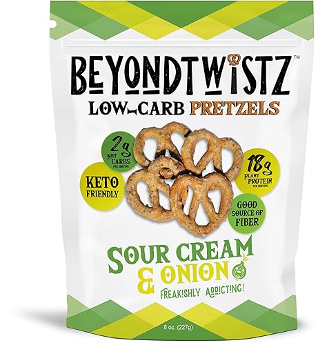 BeyondTwistz Low Carb Pretzels, Sour Cream and Onion, Keto Friendly, 2g Net Carbs, 18g Protein, Powered By HealthSense® High Fiber Wheat Flour, Family