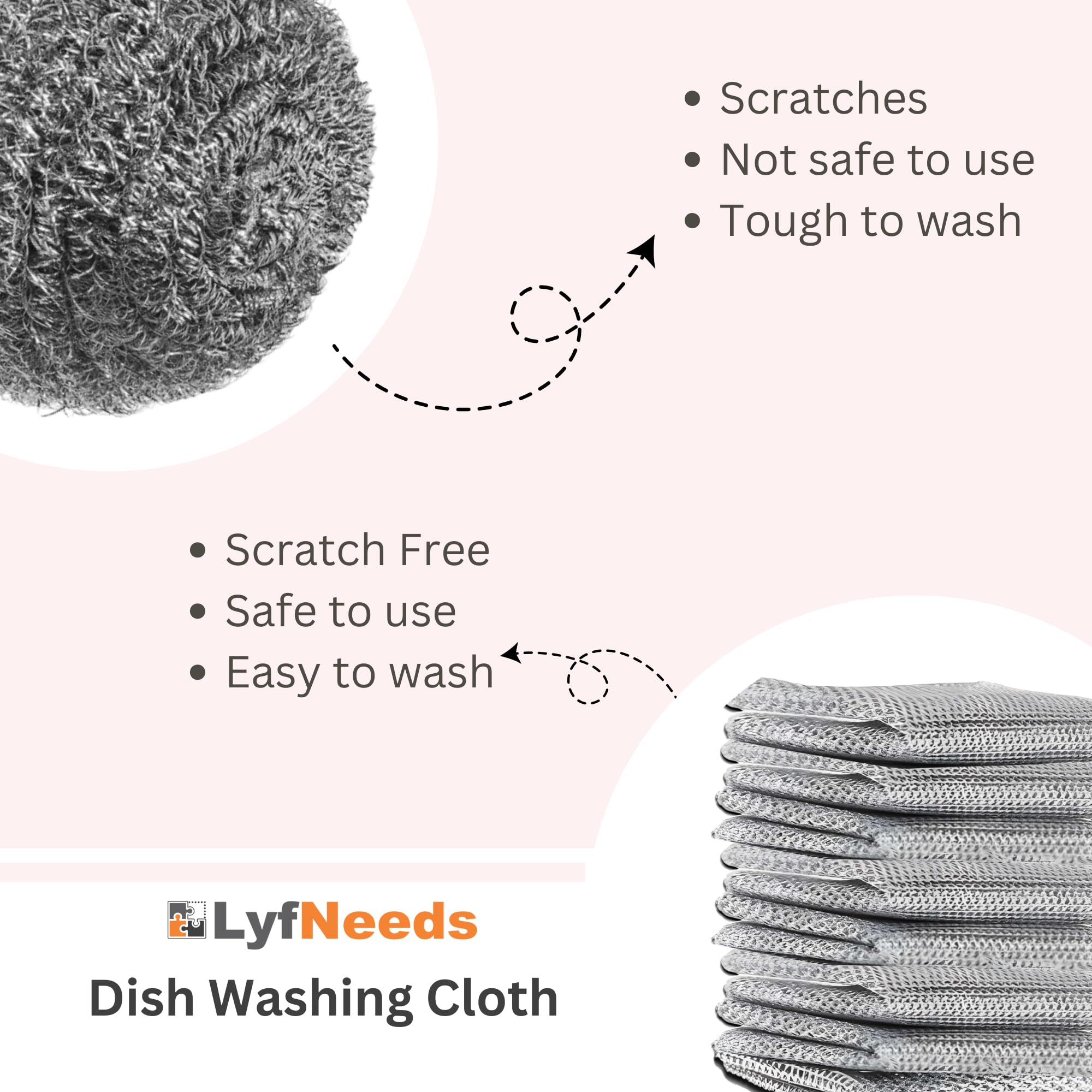 LyfNeeds Non Scratch Wire Dishwashing Rag, 8 Pack Double Layer Reusable Wire Dishcloth, Silver Mesh Metal Cleaning Cloth for Pots, Pans, Sink, Steel