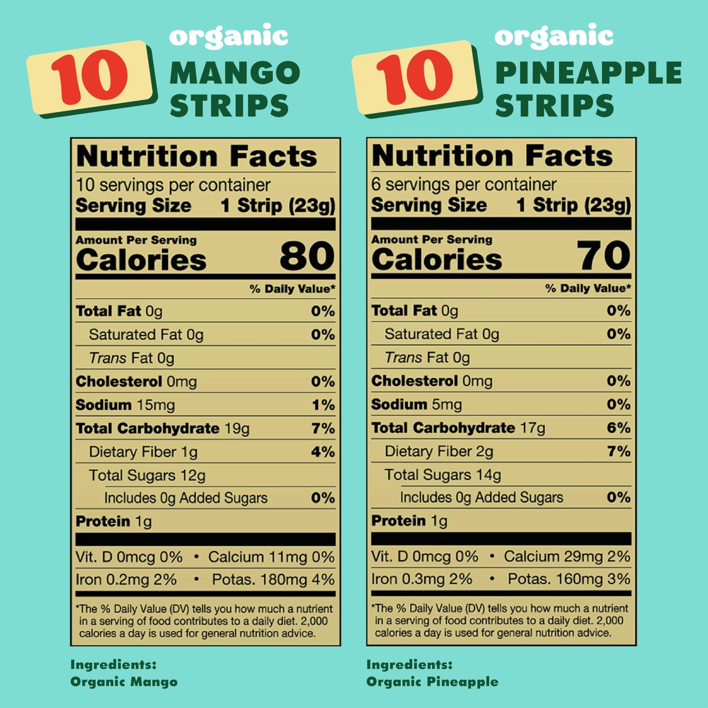 SOLELY - Organic Mango & Organic Pineapple Fruit Jerky (10 Mango, 6 Pineapple) - Real Fresh Fruit Strips - Healthy Snacks for Adults & Kids - Non GMO