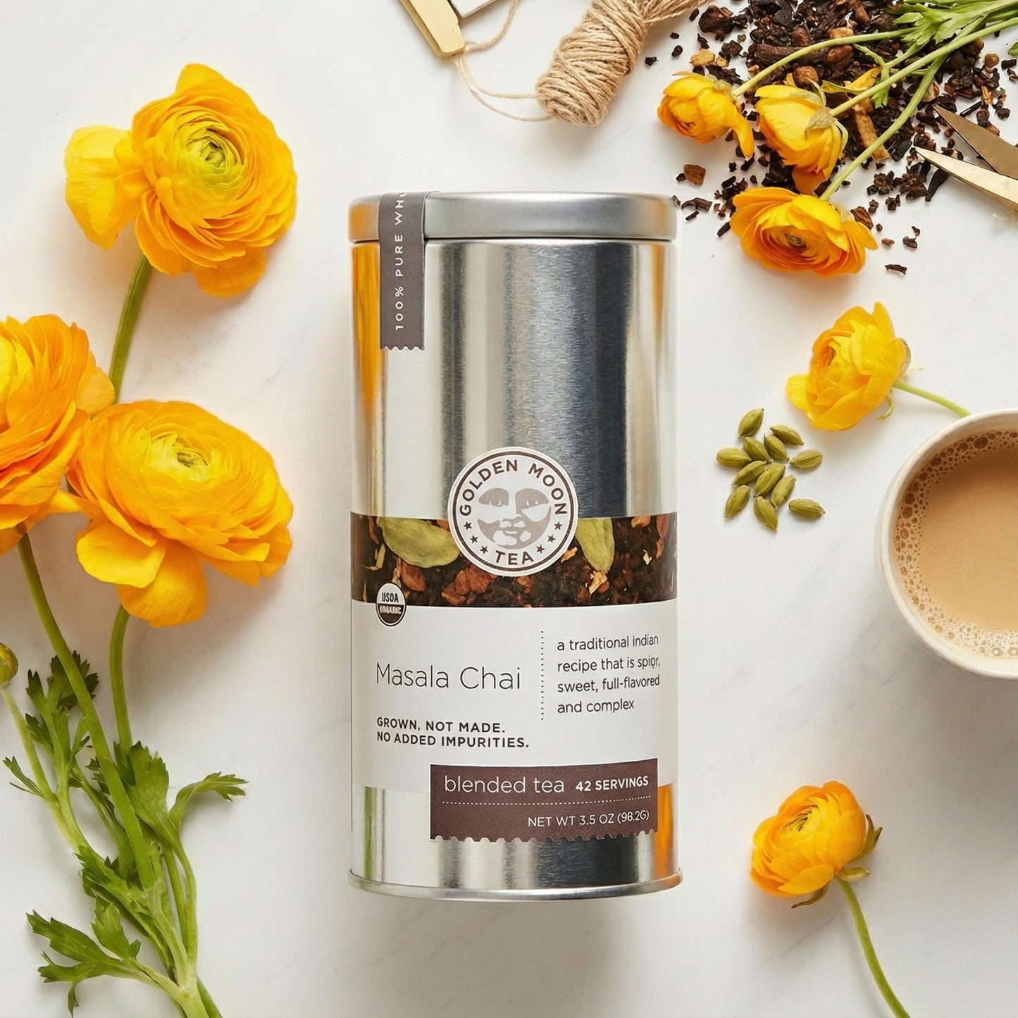 Golden Moon Tea Organic Masala Chai Black Tea - Pure & Authentic Blend - Loose Leaf, Non-GMO - Travel Tin (9 Servings)