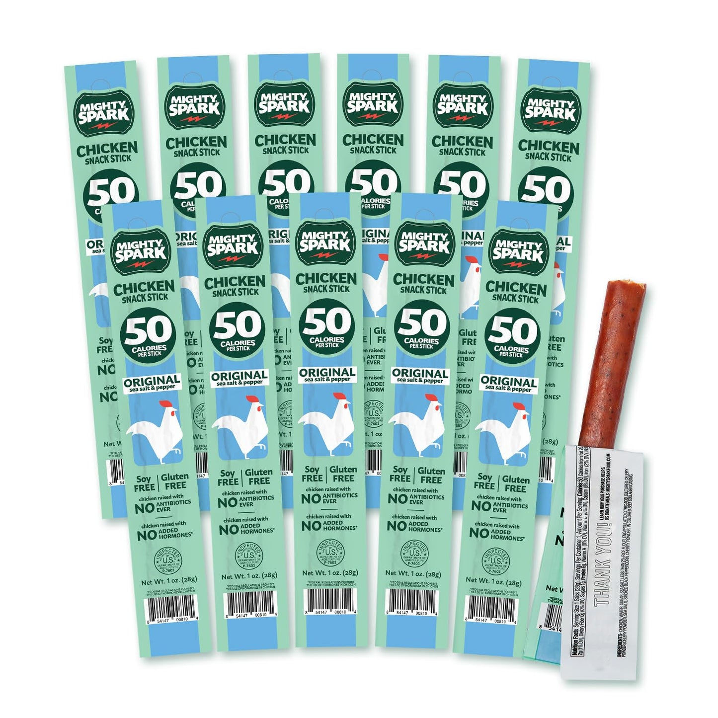Mighty Spark Chicken Snack Sticks - Original Sea Salt & Pepper- 6g of Protein, No Antibiotics Ever, No Hormones Added, Gluten Free, Soy Free Meat
