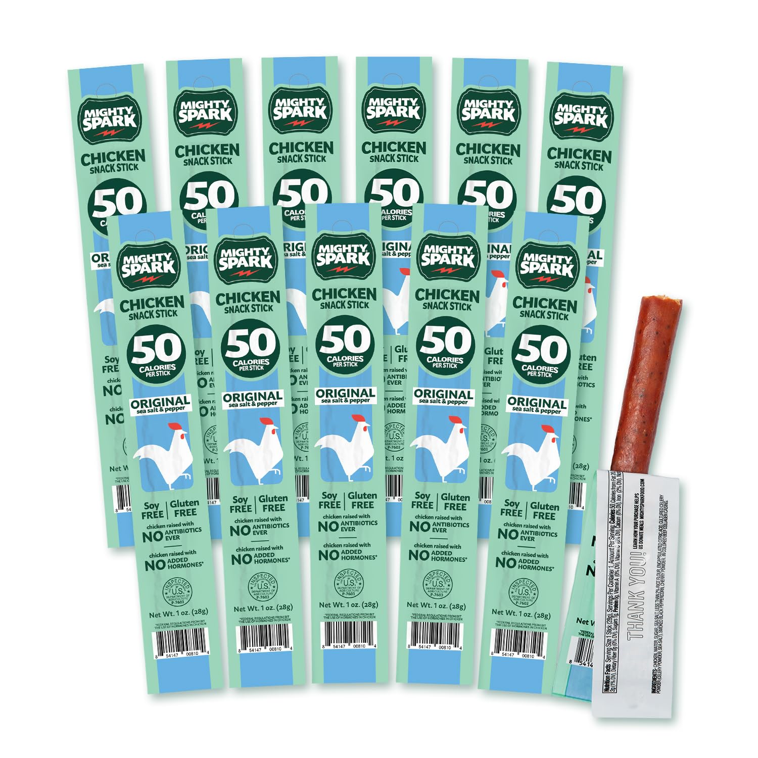 Mighty Spark Chicken Snack Sticks - Original Sea Salt & Pepper- 6g of Protein, No Antibiotics Ever, No Hormones Added, Gluten Free, Soy Free Meat