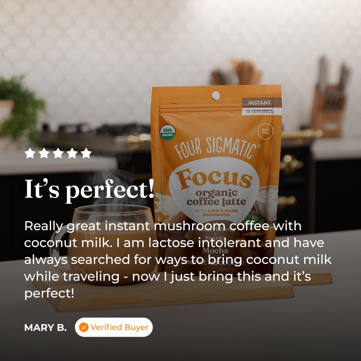 Four Sigmatic Original Focus Mushroom Coffee Latte | Plant-Based Organic Instant Latte with Lion’s Mane Mushroom for Focus and Mental Clarity | Made