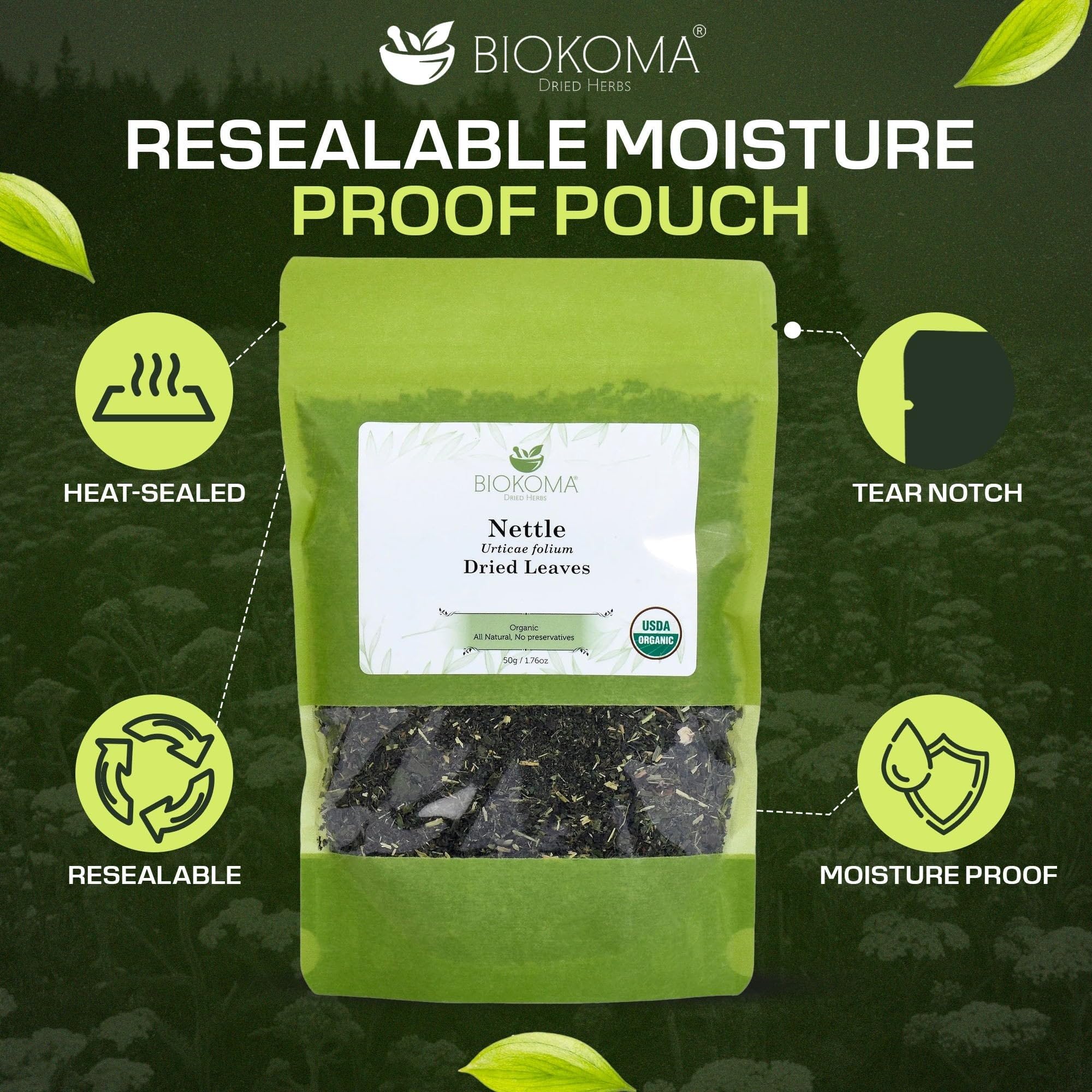 Biokoma Organic Nettle Leaves 50g 1.76oz Dried Cut & Sifted Urtica Dioica Leaf USDA Organic Herbal Tea Natural Wellness Seasonal Support Resealable