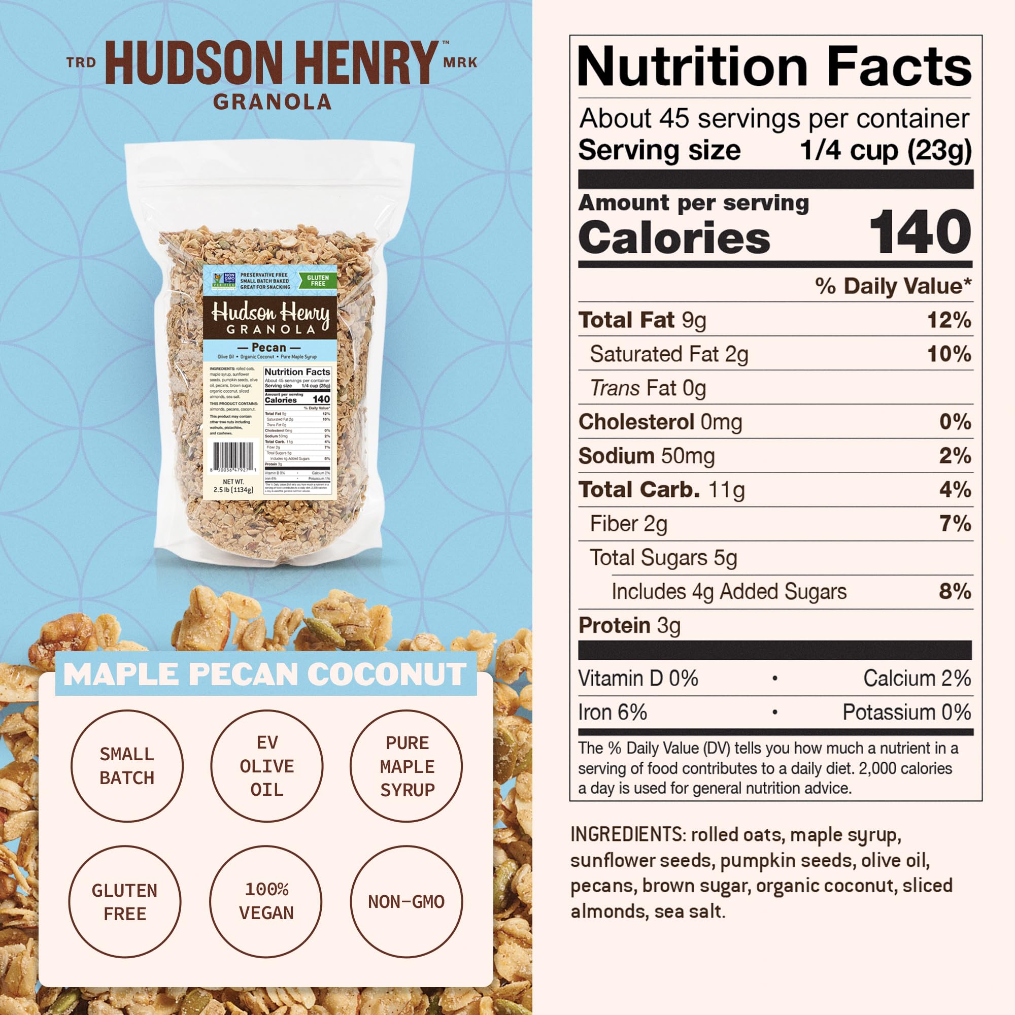Hudson Henry Maple Pecan Coconut Granola | Gluten Free Granola with Nuts & Seeds | Vegan, Non-GMO & Small Batch Baked with Pure Maple Syrup & Extra