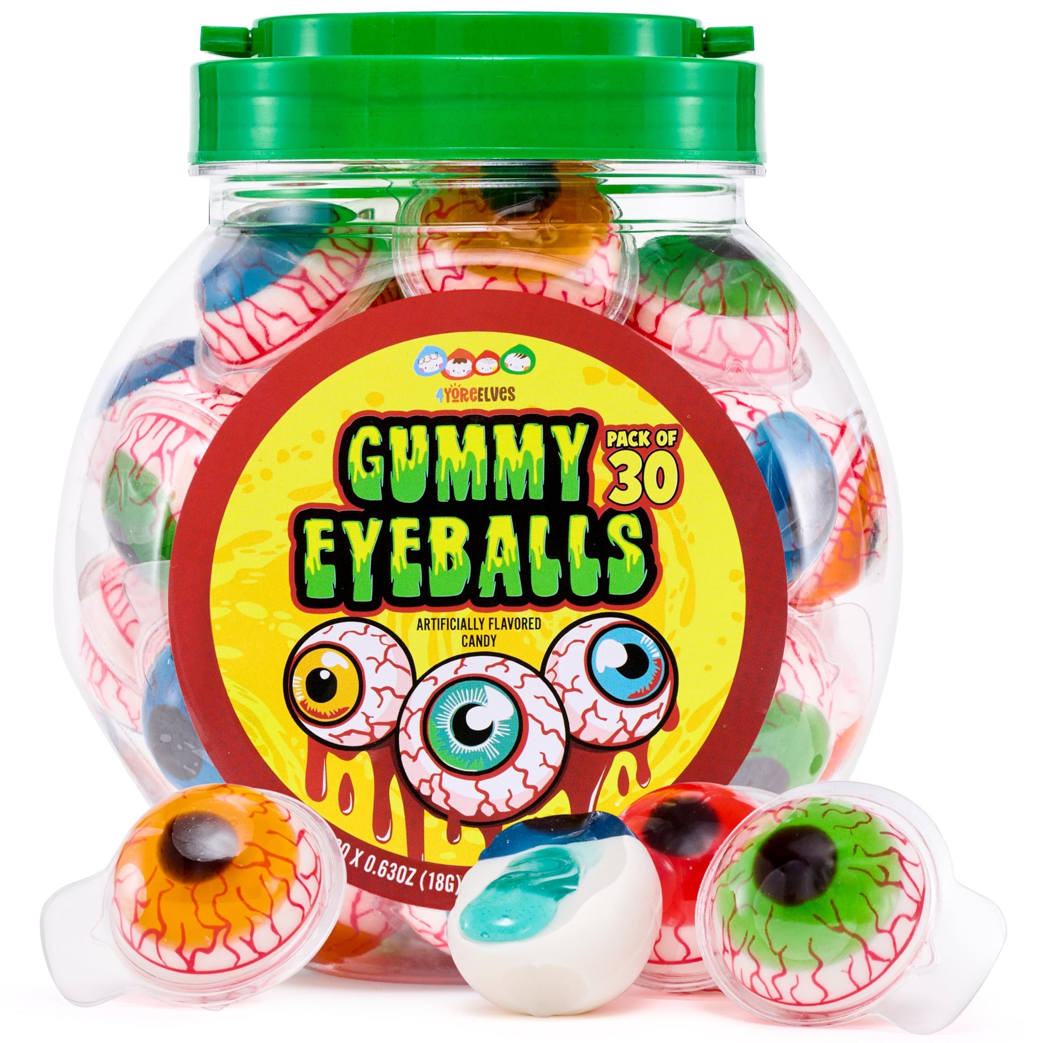 30 Gummy Eyeballs, Spooky Eyeball Candy in 4 Flavors, Soft Gummies with Fruity Jelly Filling, Individually Wrapped, By 4YoreElves (19 oz)
